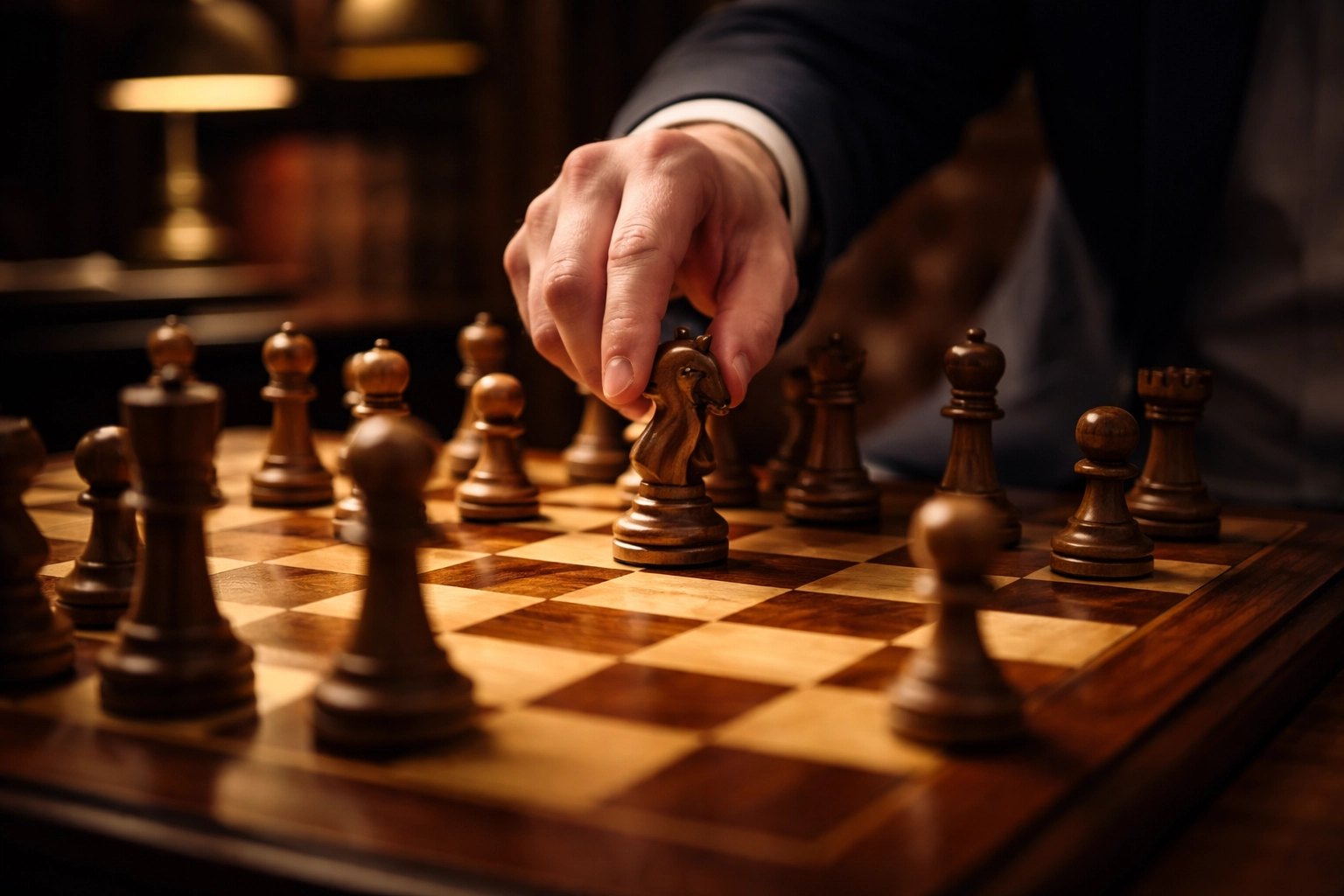 Chess master moving a knight, representing strategic planning in wealth management for investors