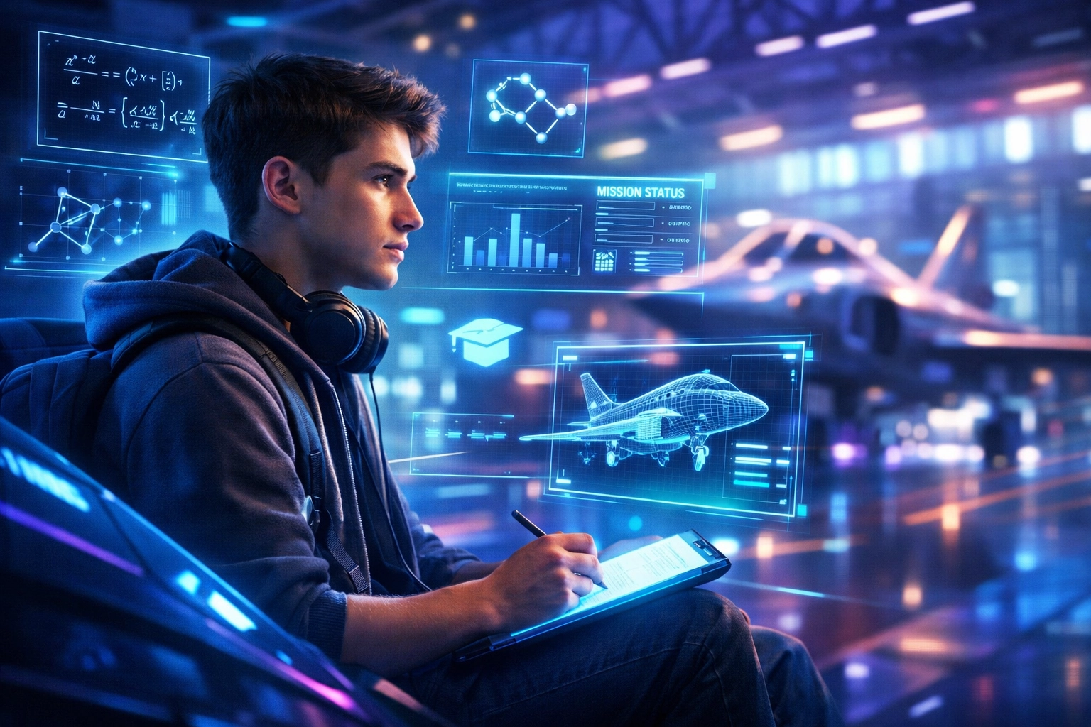 High school student using a technical simulation pod for workforce development and Gen Z career readiness.