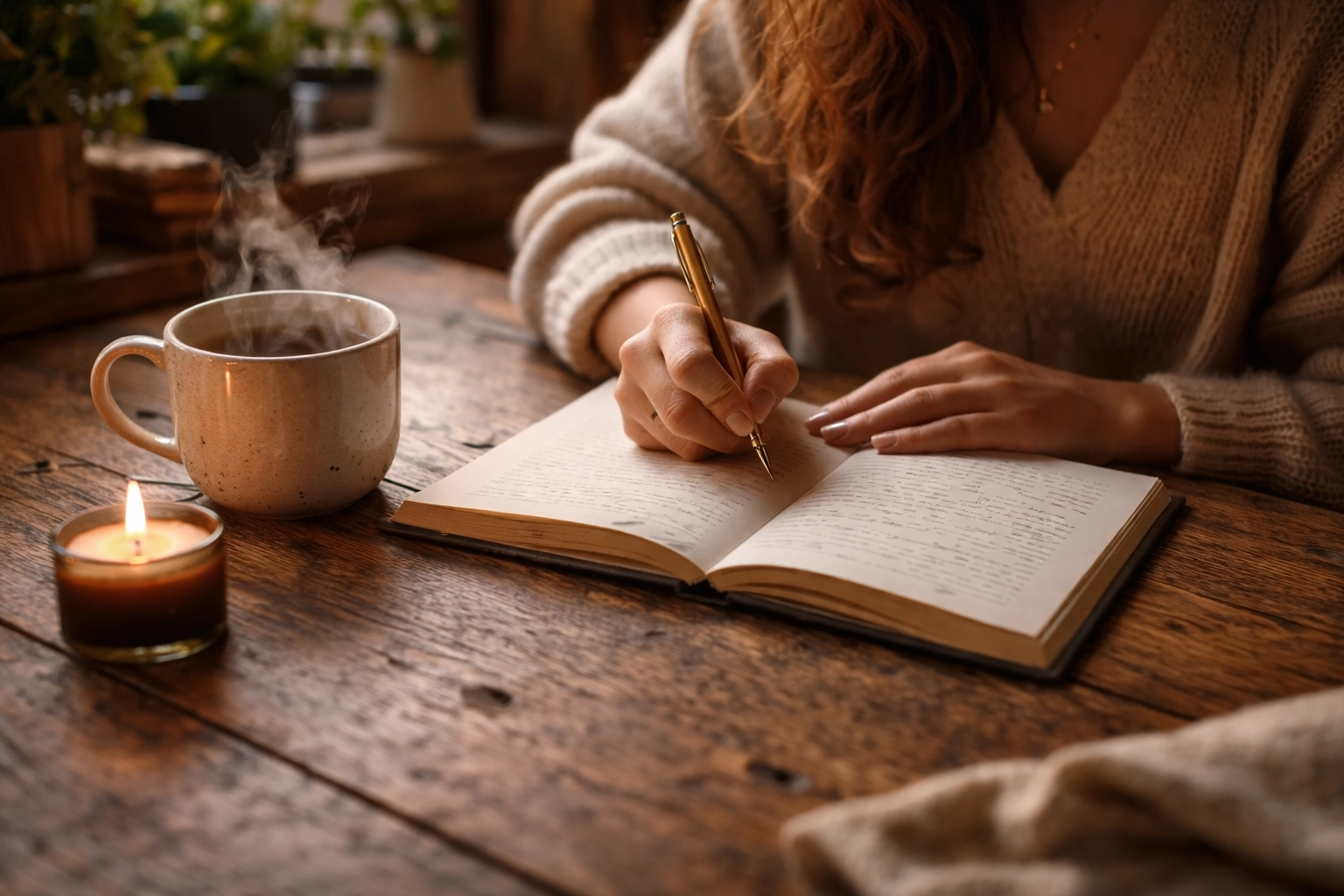 High-quality, realistic photography of hands journaling beside a cup of tea in soft morning light, showing integration as daily practice High-quality, realistic photography of hands journaling beside a cup of tea in soft morning light, showing integration as daily practice