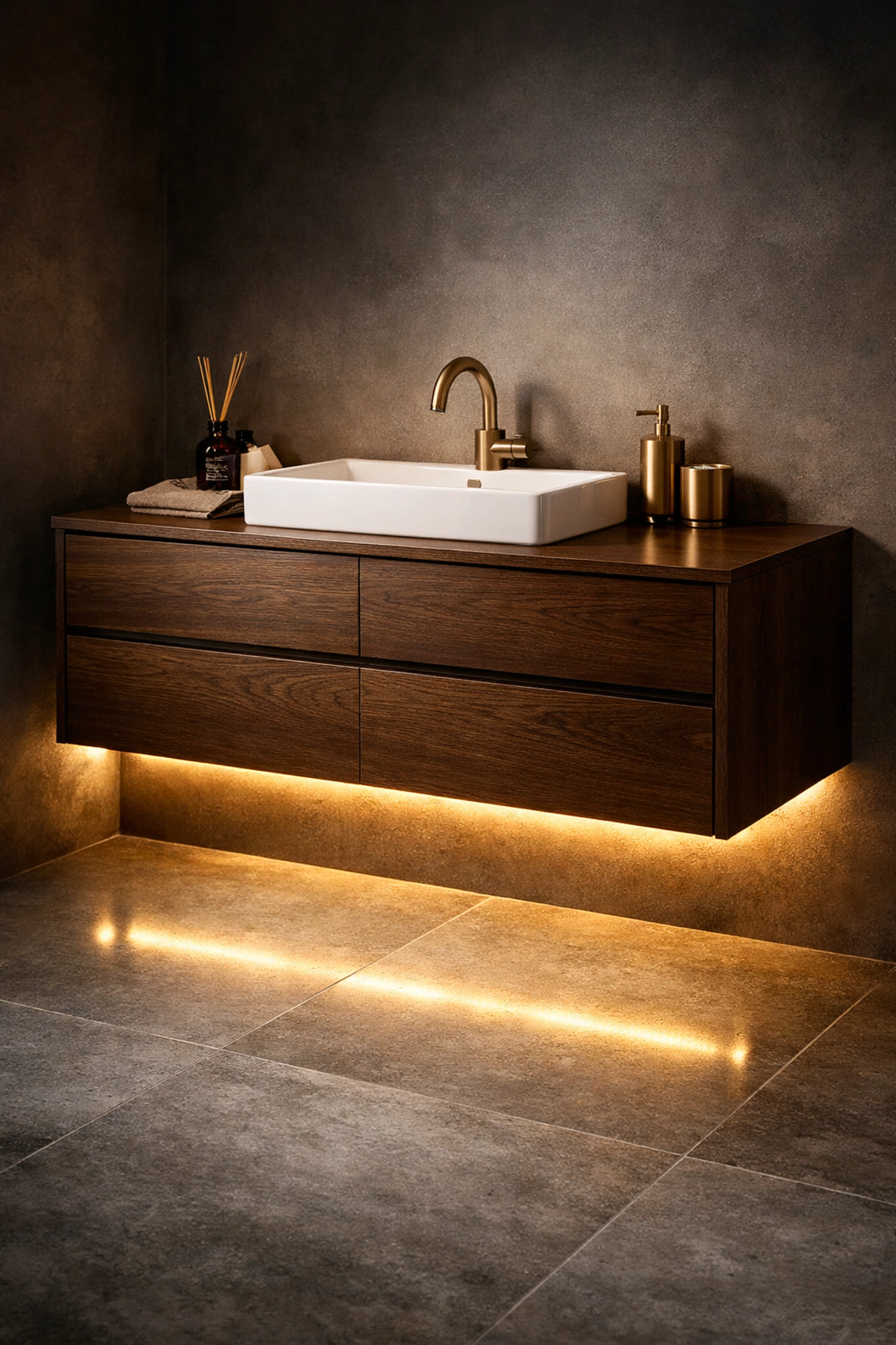 Modern wall-hung oak vanity with under-cabinet LED lighting in a compact luxury bathroom.