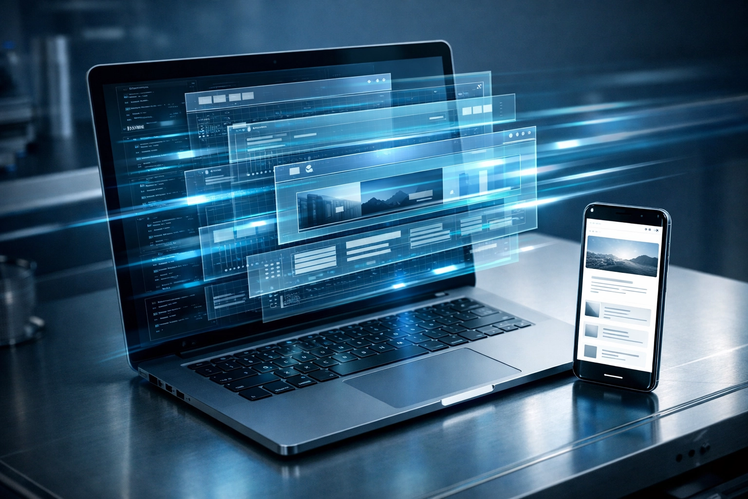 Mobile device and laptop displaying fast web design for small business and technical SEO optimization.