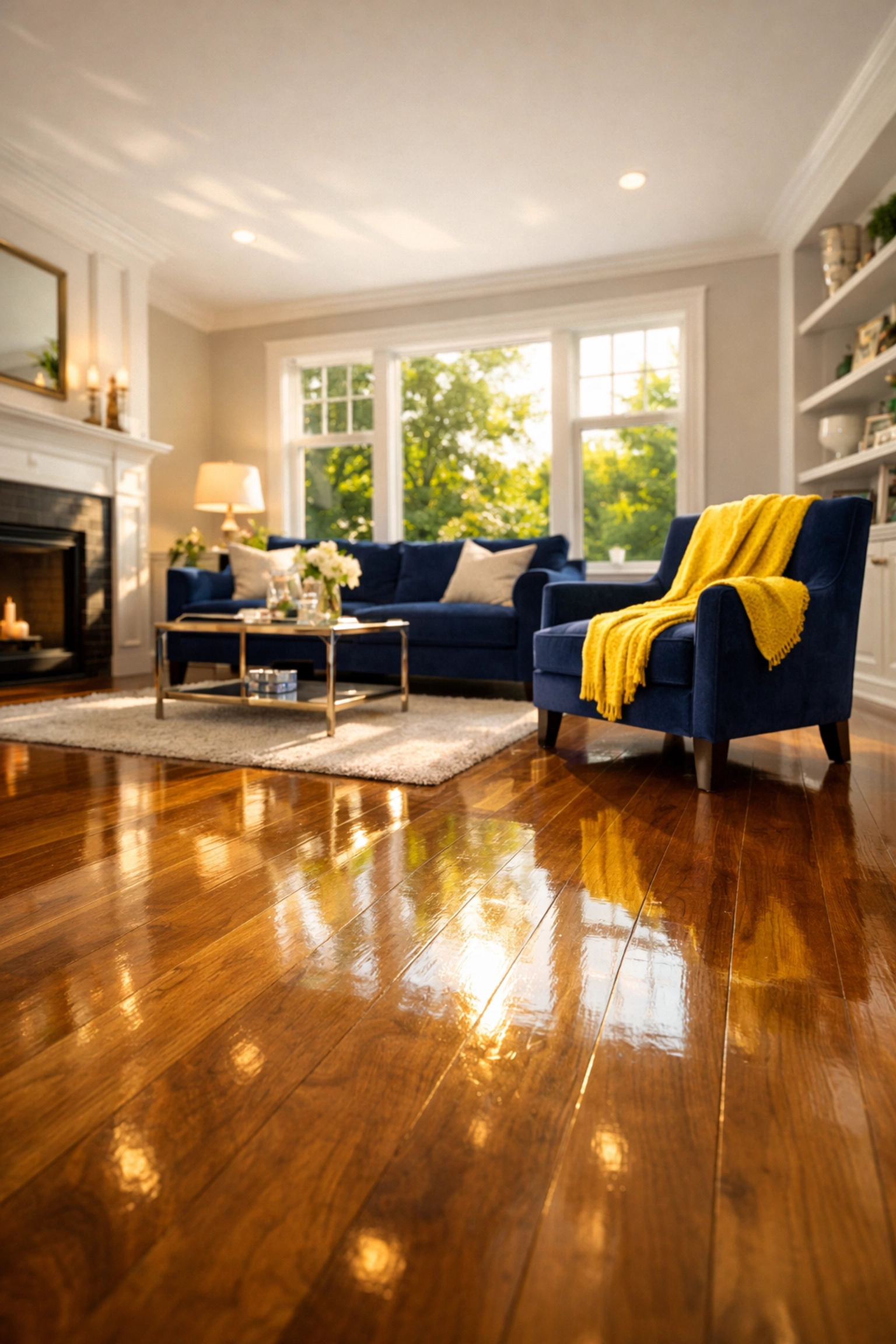 Clean Leominster home living room with sparkling hardwood floors after a professional residential cleaning.