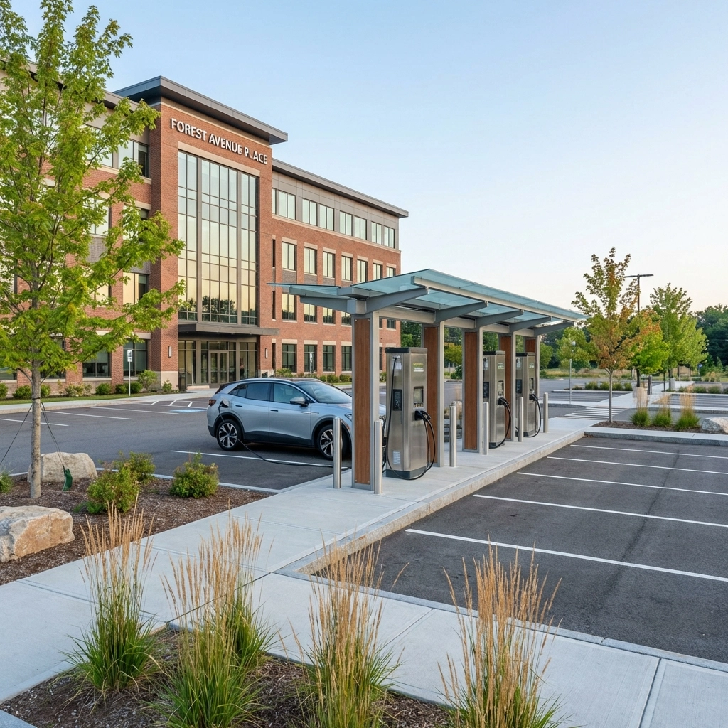 Southern Maine commercial parking lot with Level 2 EV charging stations, highlighting new code requirements
