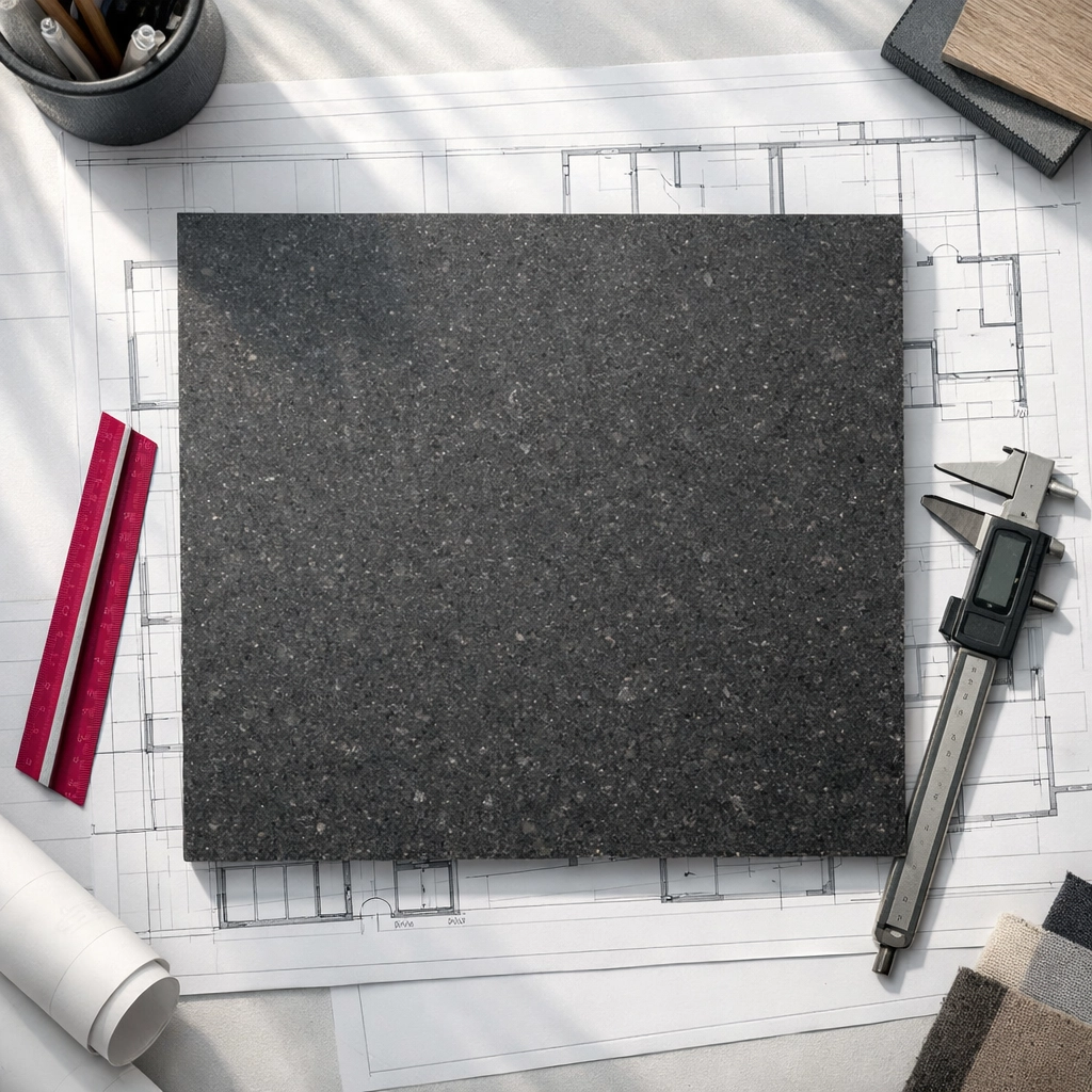 Recycled plastic panel sample on architectural plans for sustainable commercial construction projects.