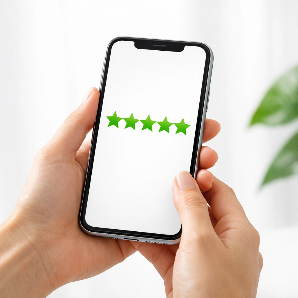 A person holding a phone showing five green stars representing positive local business reviews.