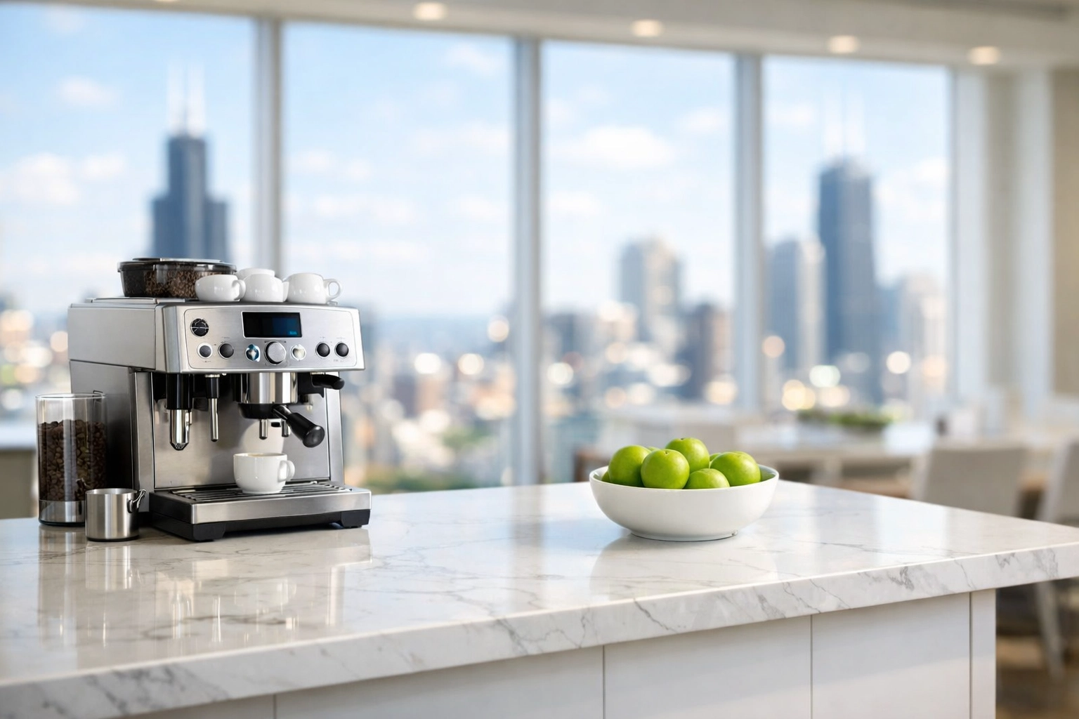 A spotless modern office breakroom in a Chicago skyscraper showing high-standard recurring cleaning.