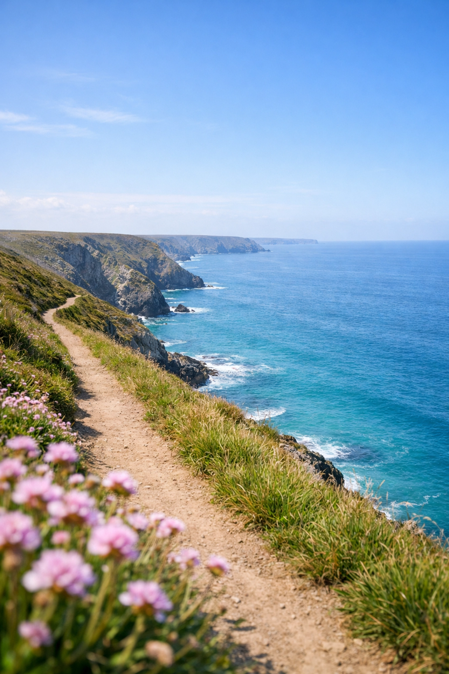 Walking the South West Coast Path near Porthtowan, showing rugged Cornish cliffs and the Atlantic Ocean.