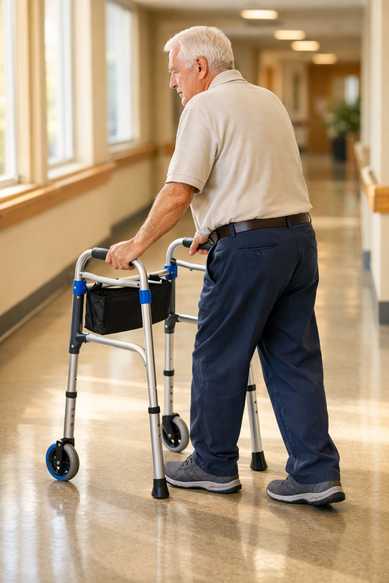 Senior using walker with proper posture in safe indoor hallway