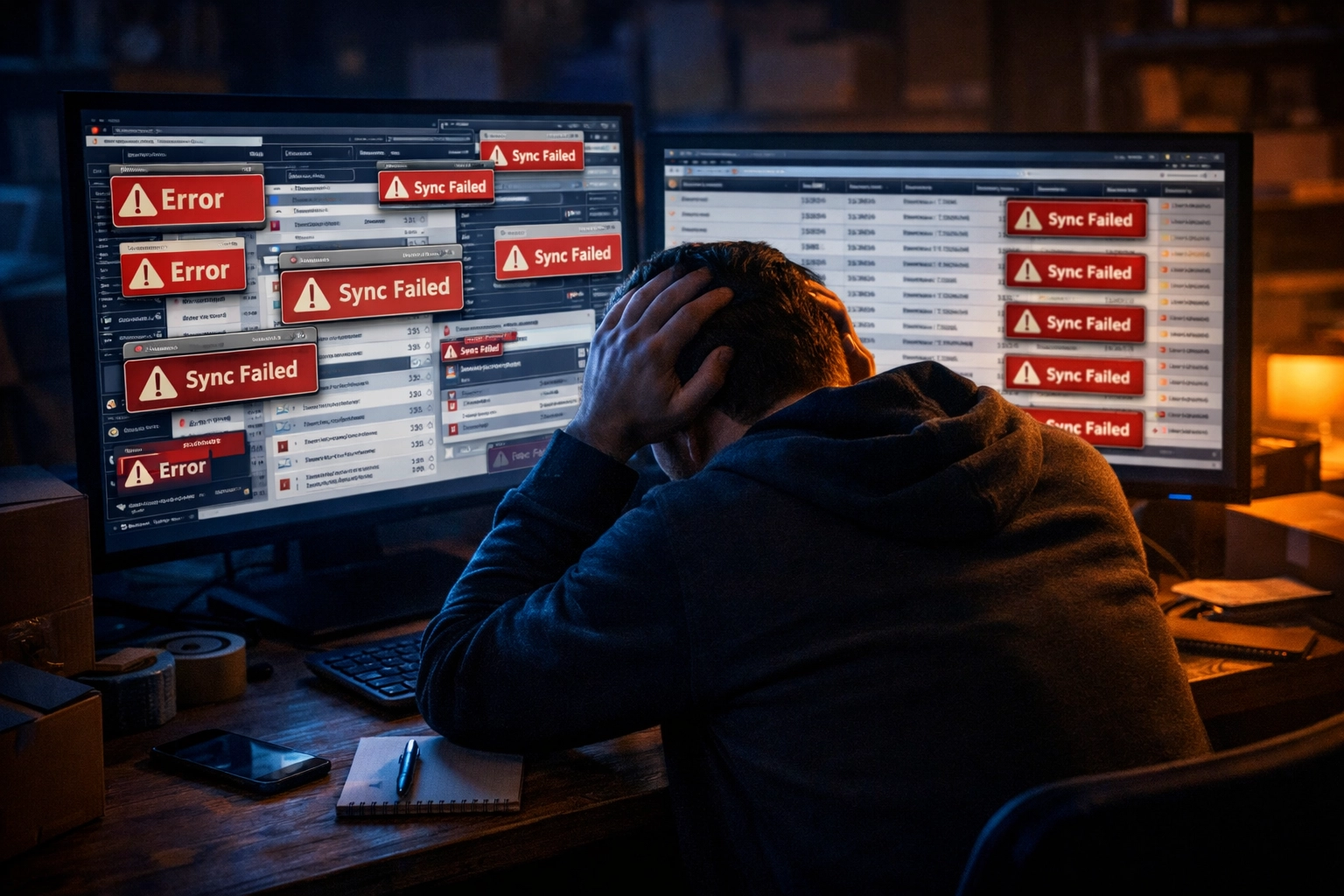 Overwhelmed reseller at a computer desk facing inventory sync errors and cross-listing software failures.