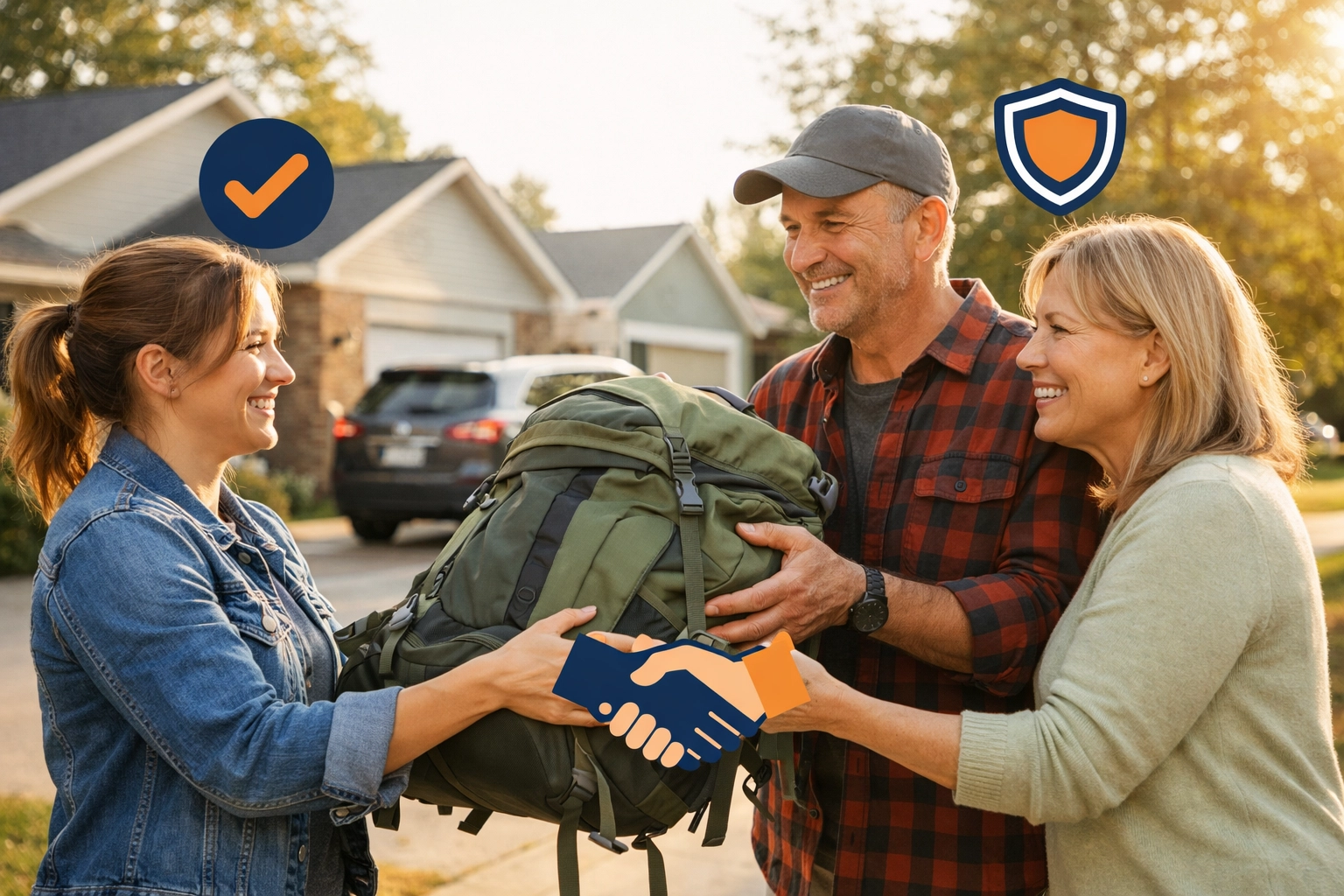 Two neighbors exchanging camping equipment on residential driveway through peer-to-peer rental