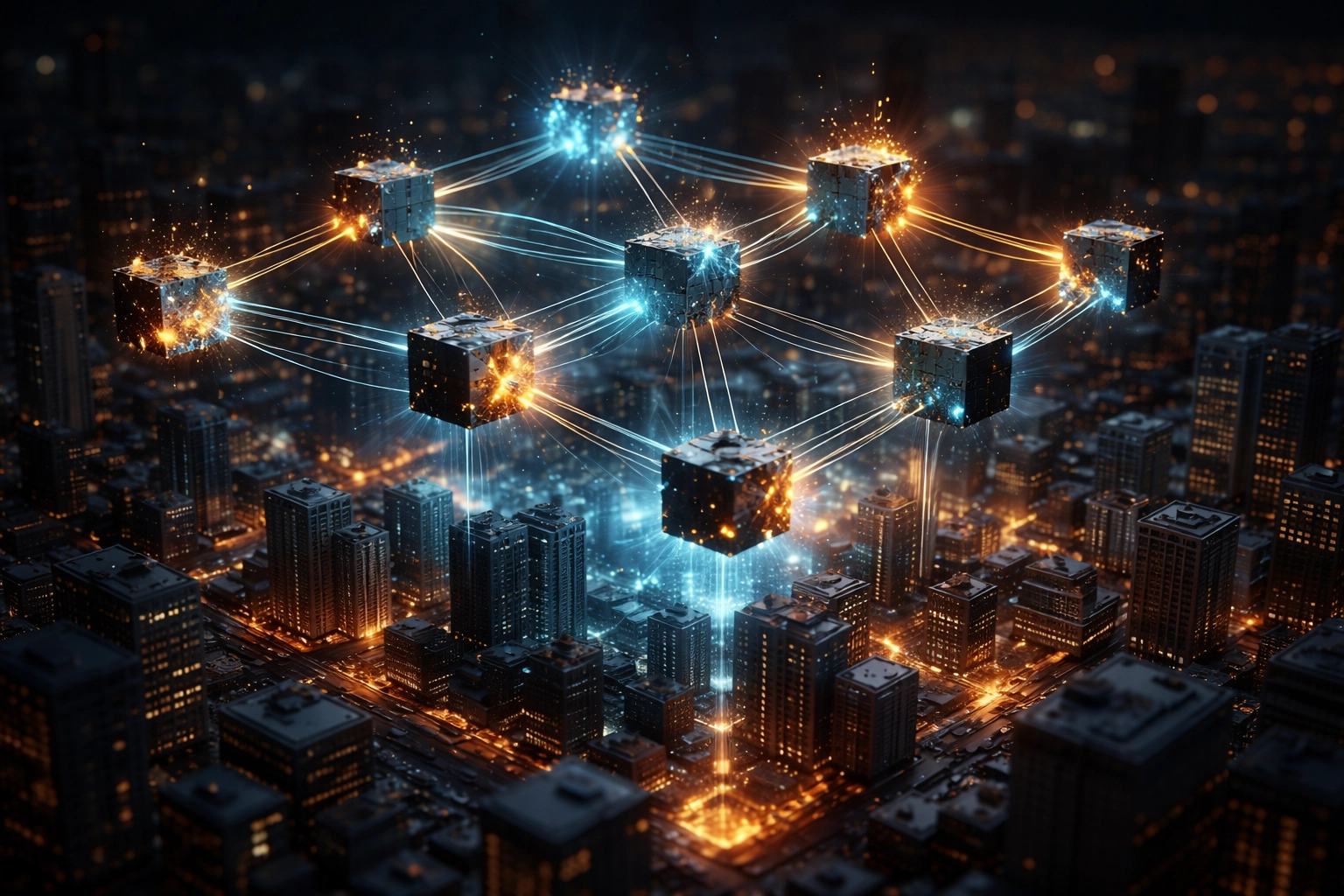 Blockchain network visualized above commercial real estate, highlighting tech limitations in digital investments