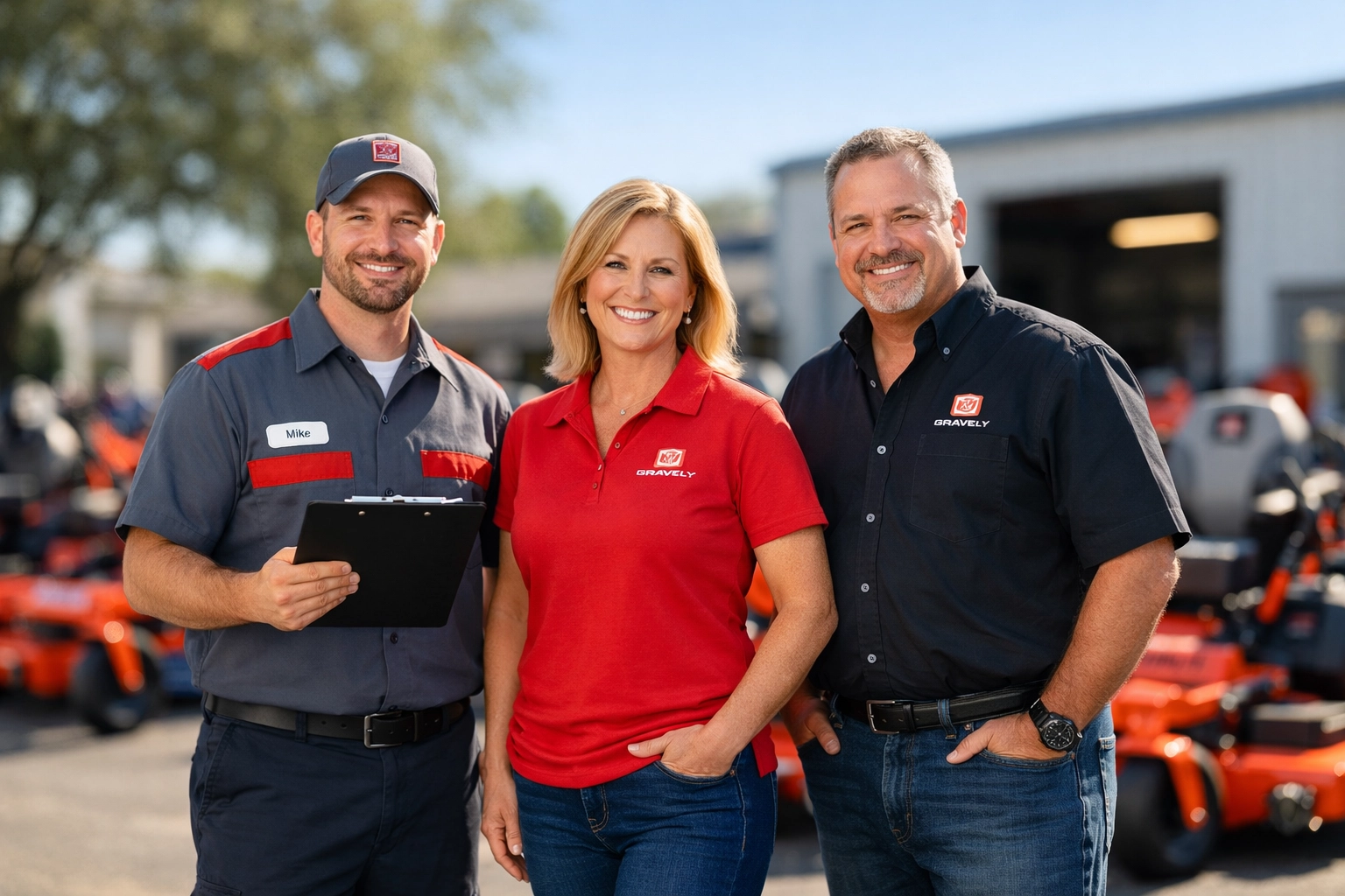 Friendly experts with Gravely zero-turn mowers at a premier outdoor power equipment dealer in Florida.