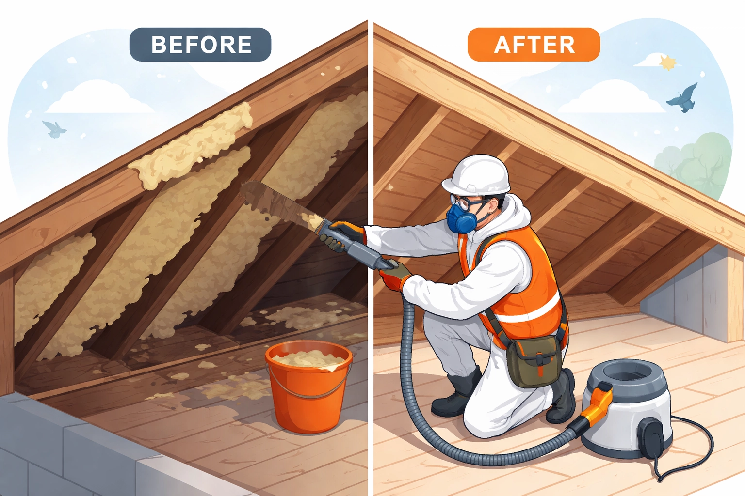 Technician safely removing spray foam insulation from loft rafters, showing before and after results