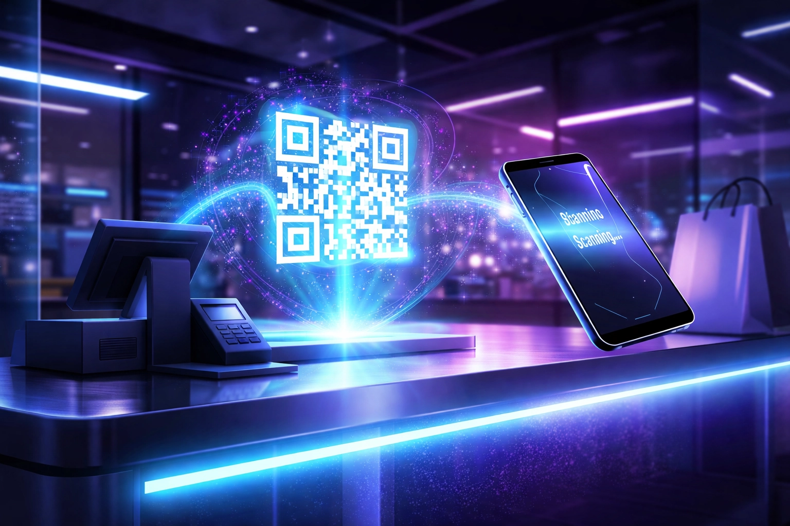 Modern retail checkout with QR code crypto POS system enabling instant smartphone payments and self-custody