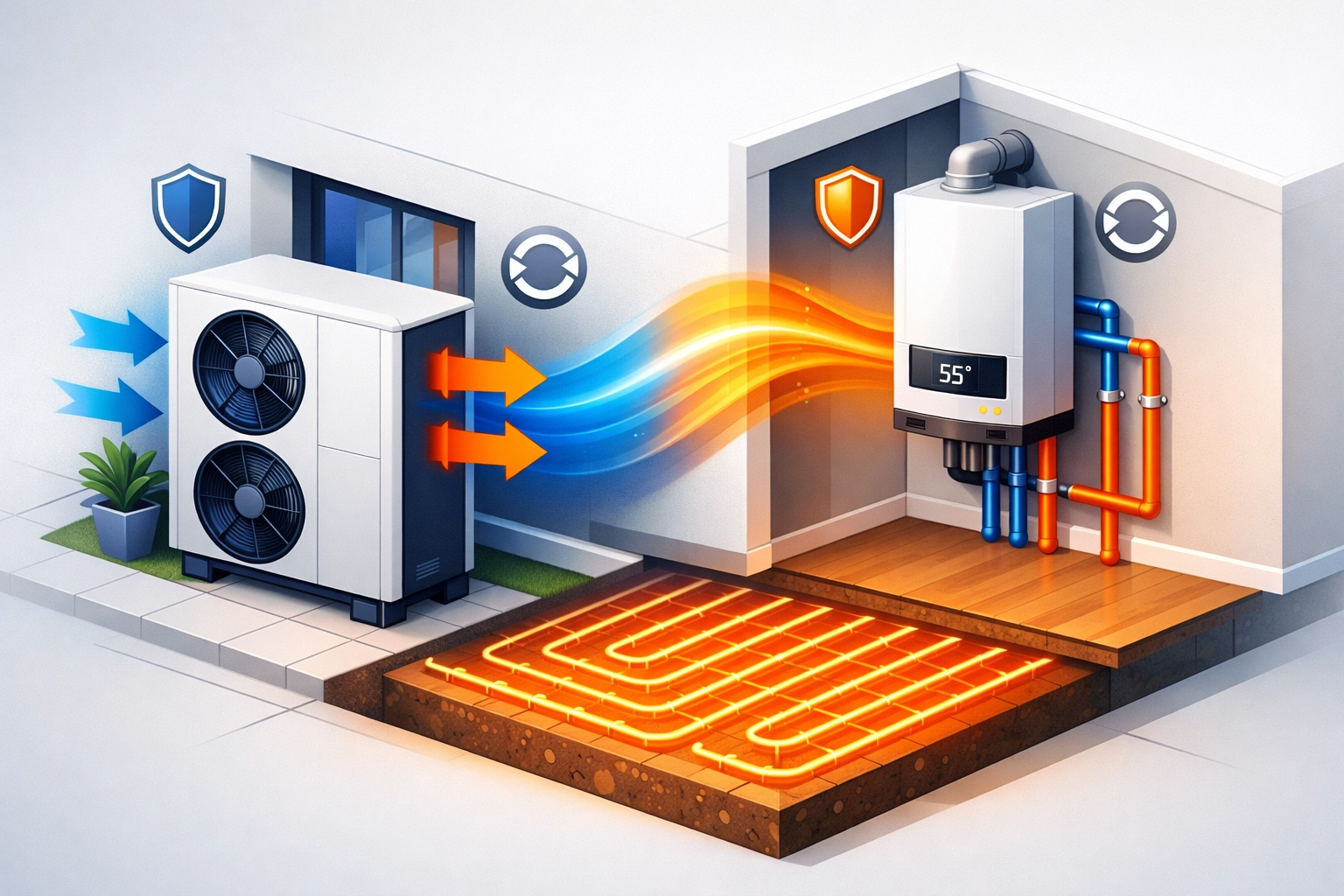 Modern isometric comparison of an air source heat pump and gas boiler for efficient Surrey home heating.