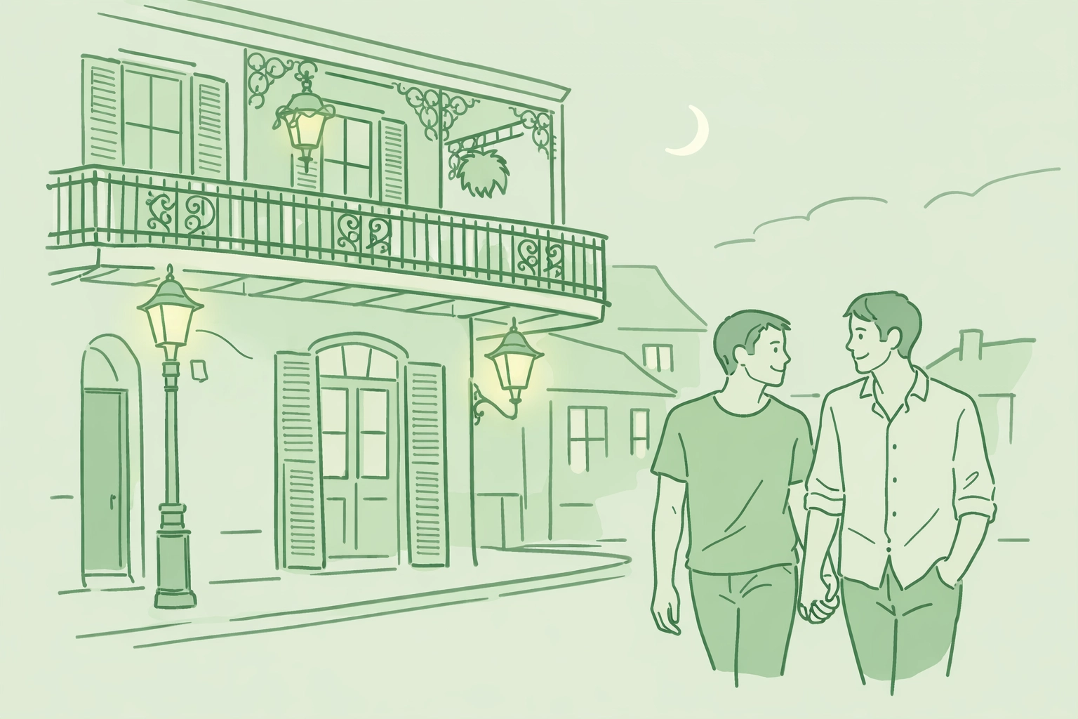 Gay couple walking through historic French Quarter New Orleans at dusk