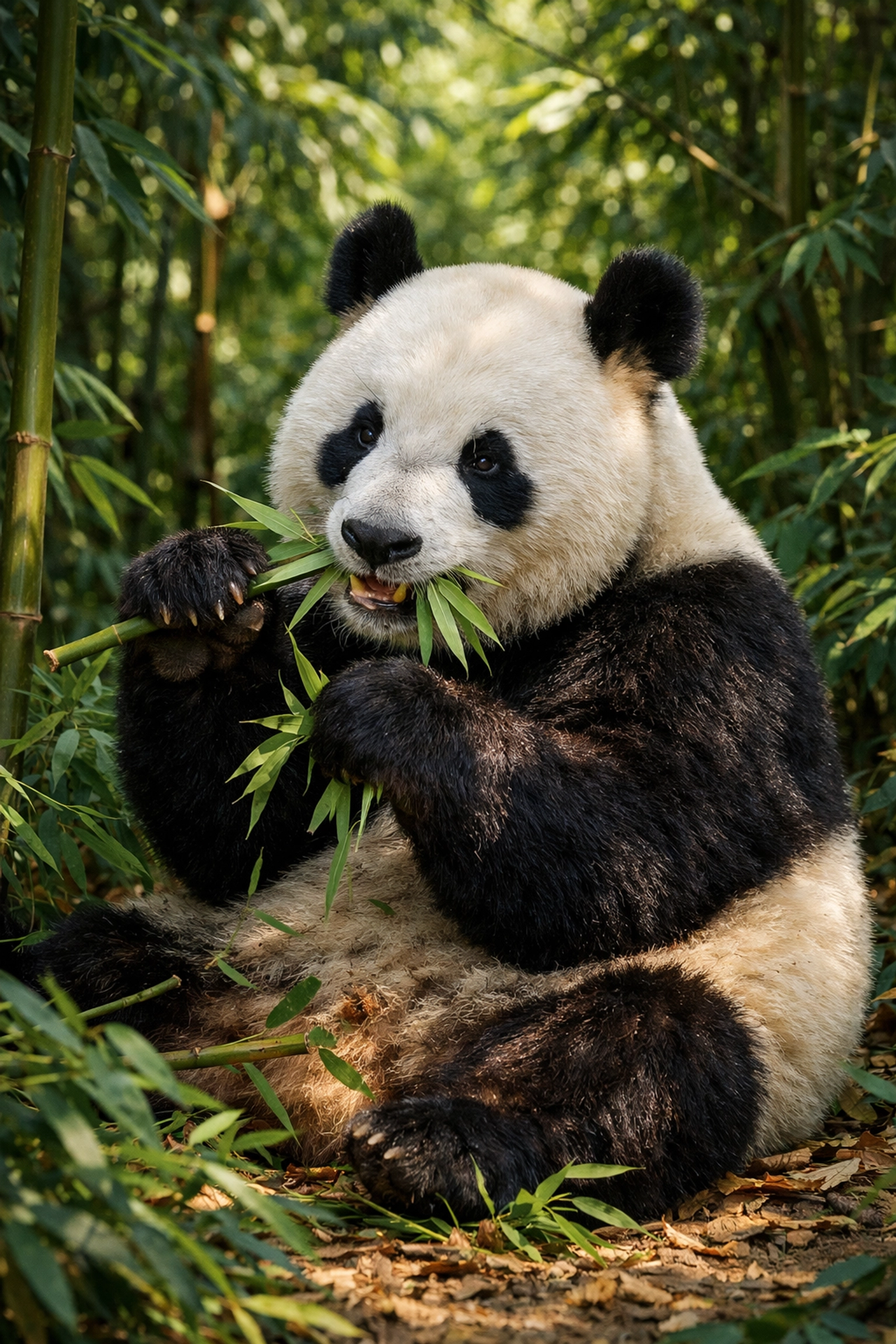 Giant panda eating bamboo in a lush forest, highlighting conservation storytelling and wildlife photography.