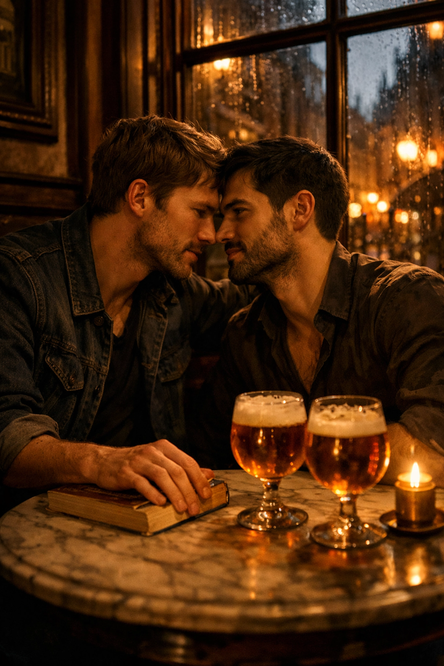 Two men sharing a romantic, intimate moment in a cozy Antwerp cafe, inspired by MM romance novels.