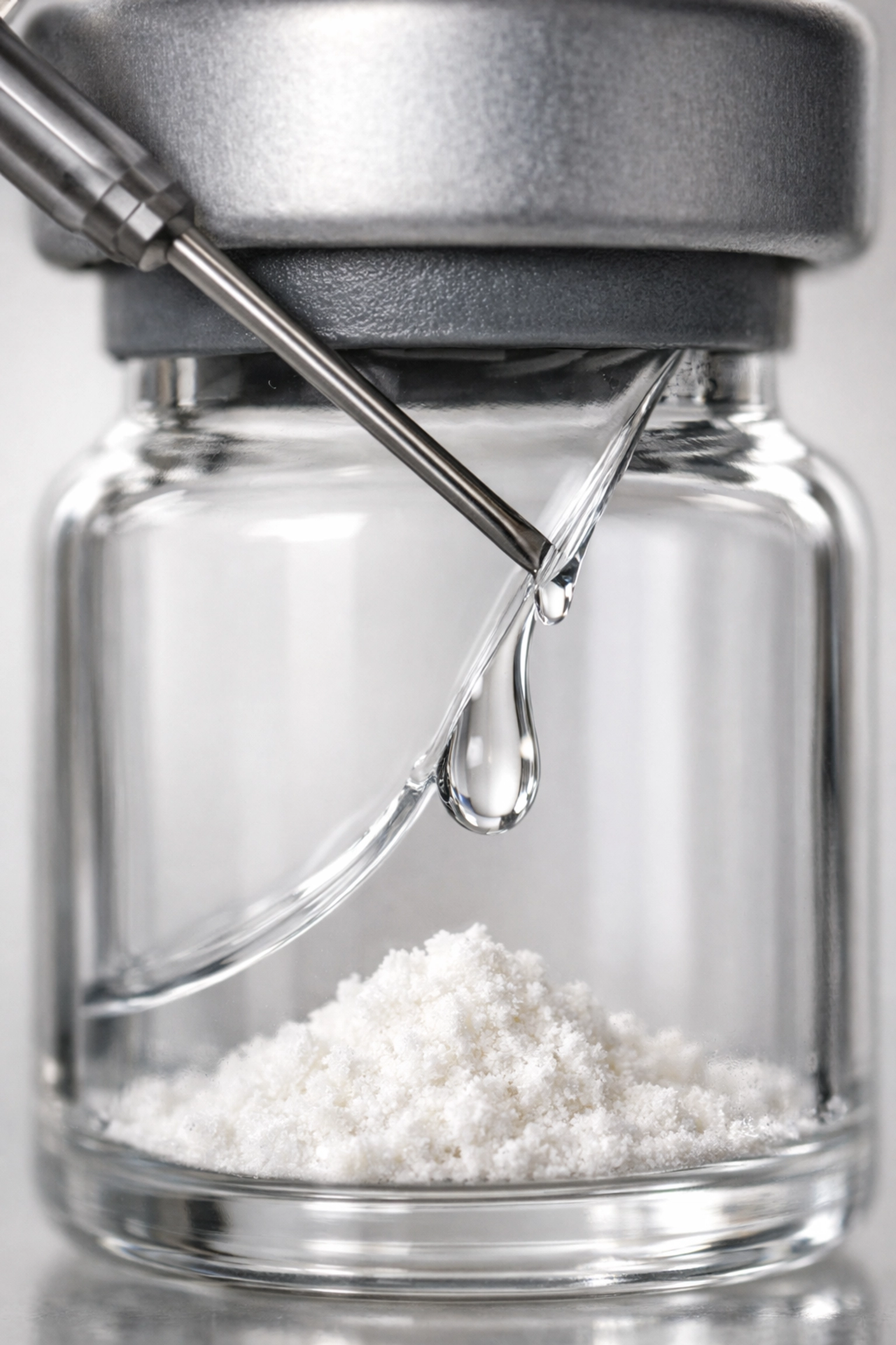 Reconstituting peptides by injecting bacteriostatic water slowly down the inside wall of the glass vial.