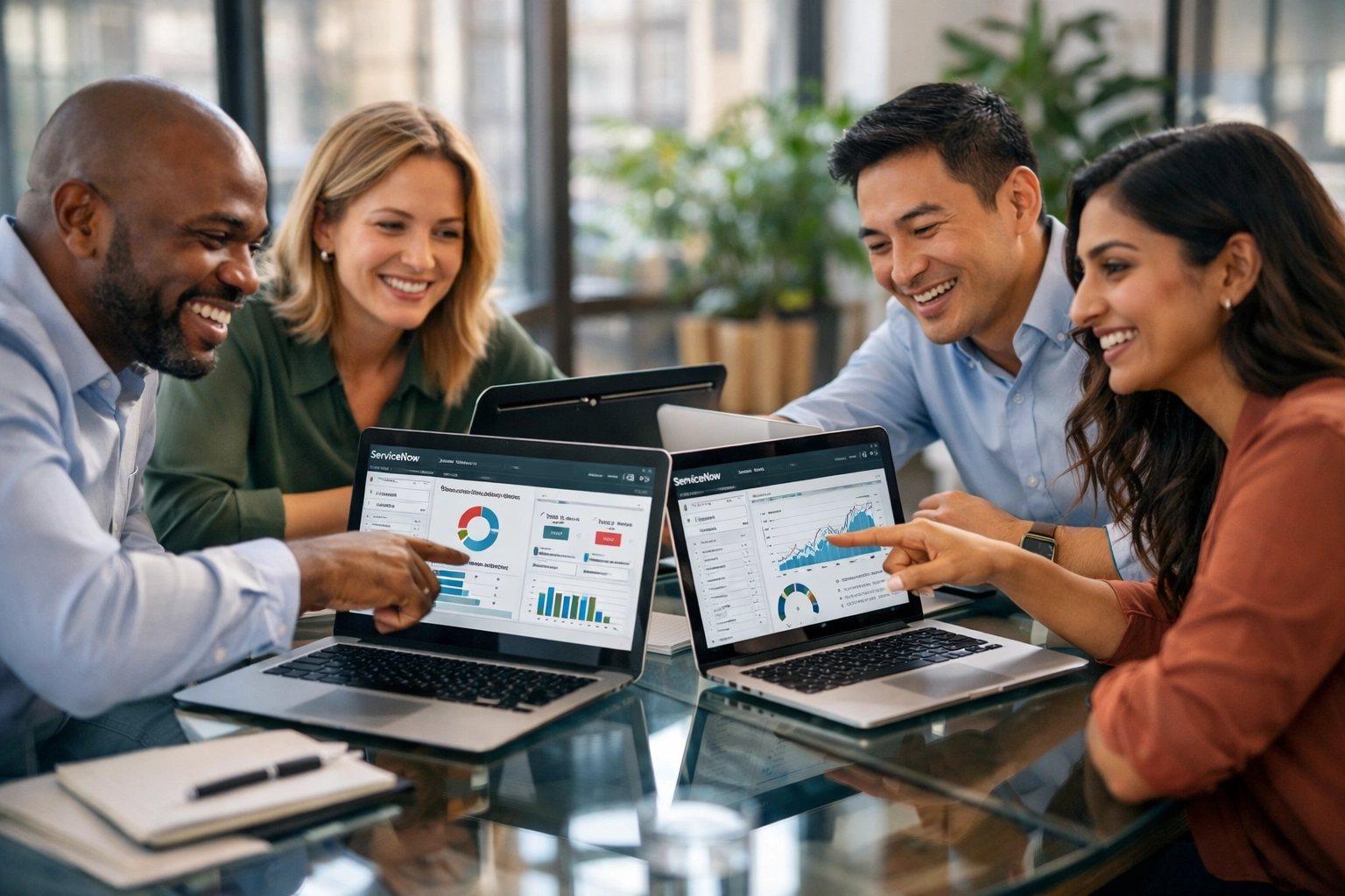 ServiceNow consulting team collaborating on implementation strategy and dashboard analytics