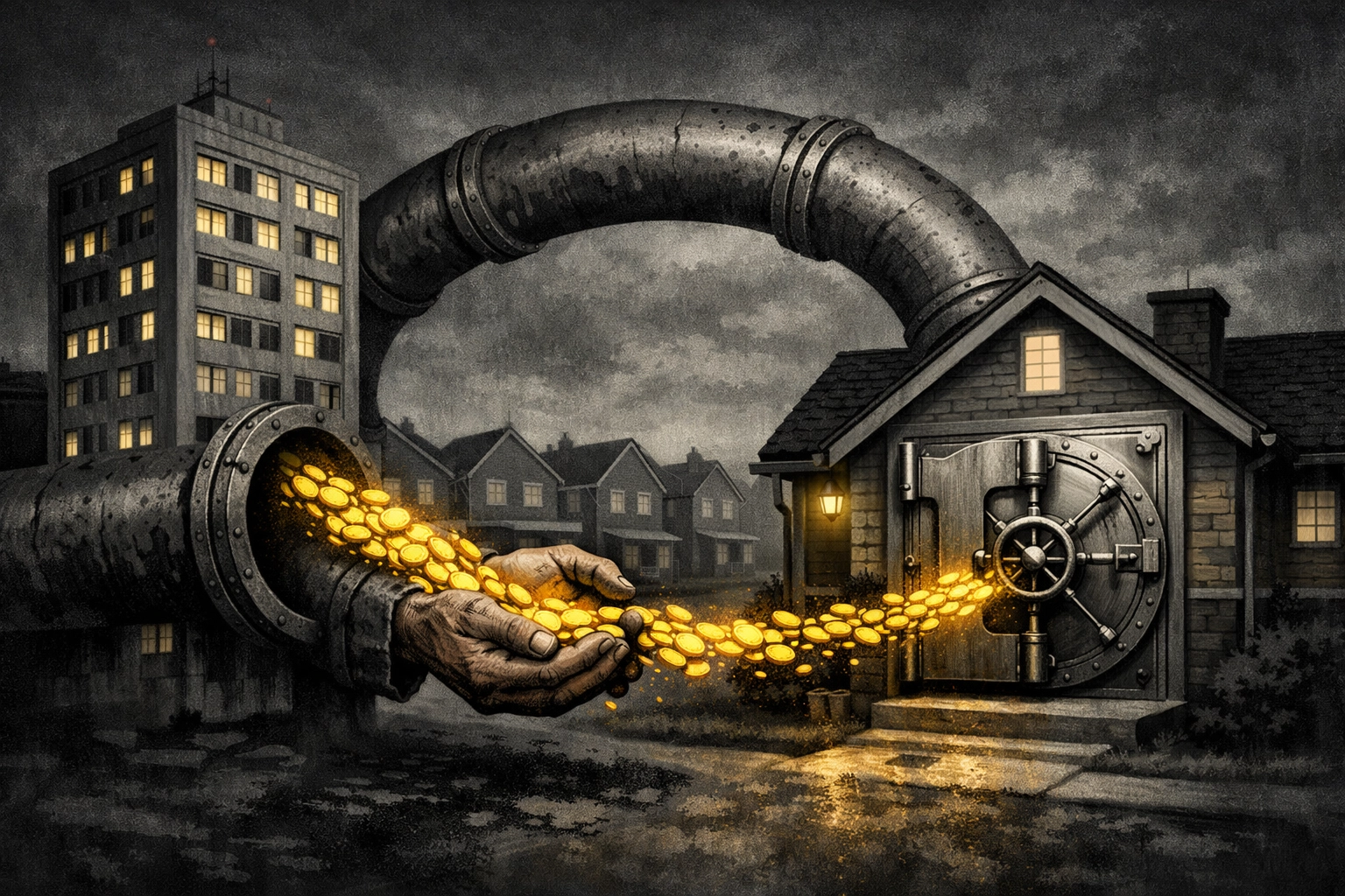 A worker's paycheck flowing through a pipeline from the office directly into a corporate landlord's vault.
