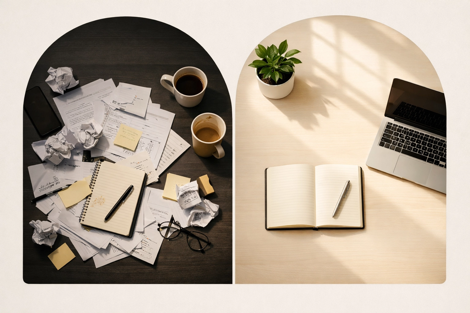 Cluttered workspace transforming into organized minimalist desk showing environment's impact on success