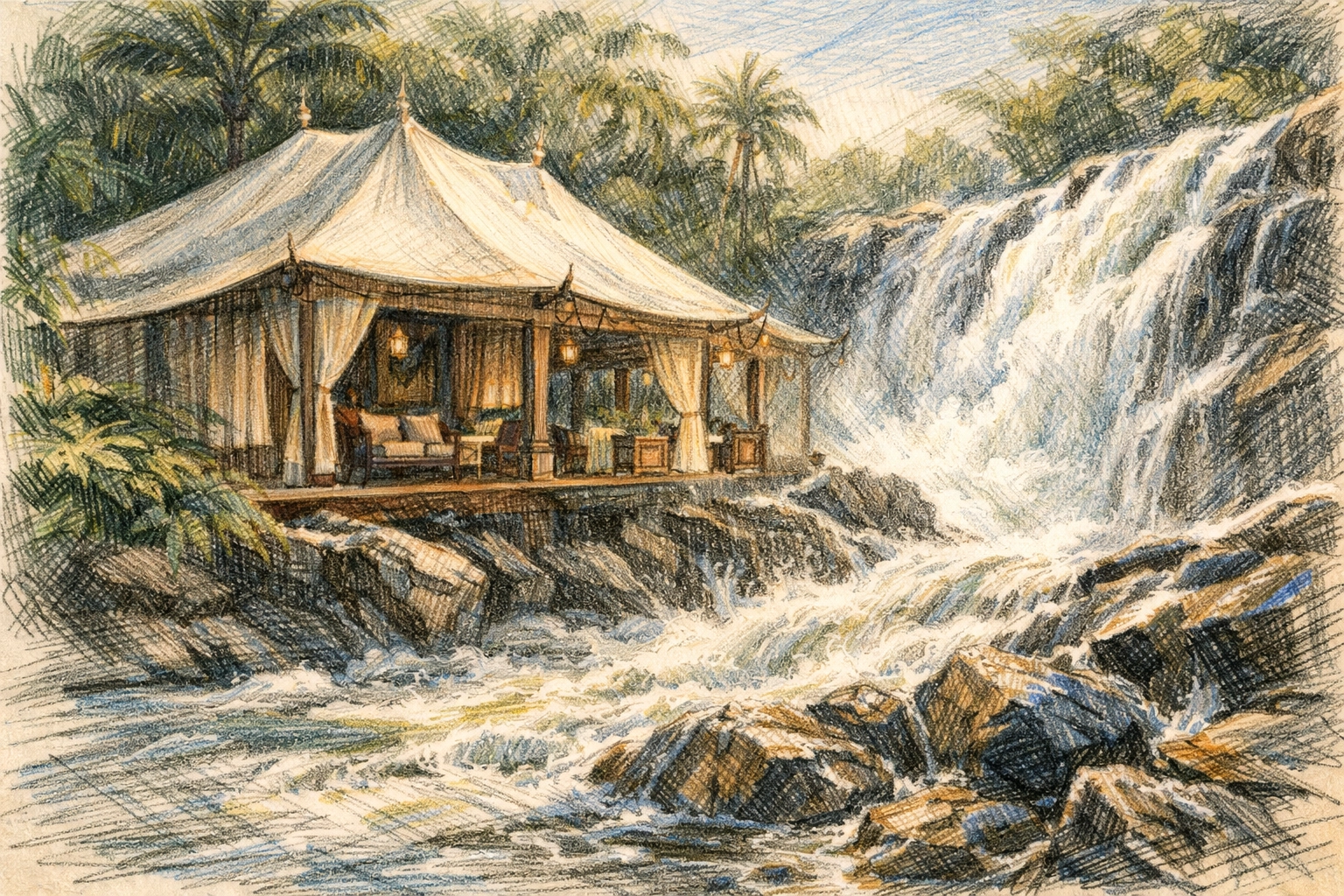 Sustainable hotel architecture featuring a luxury tented villa beside a waterfall.