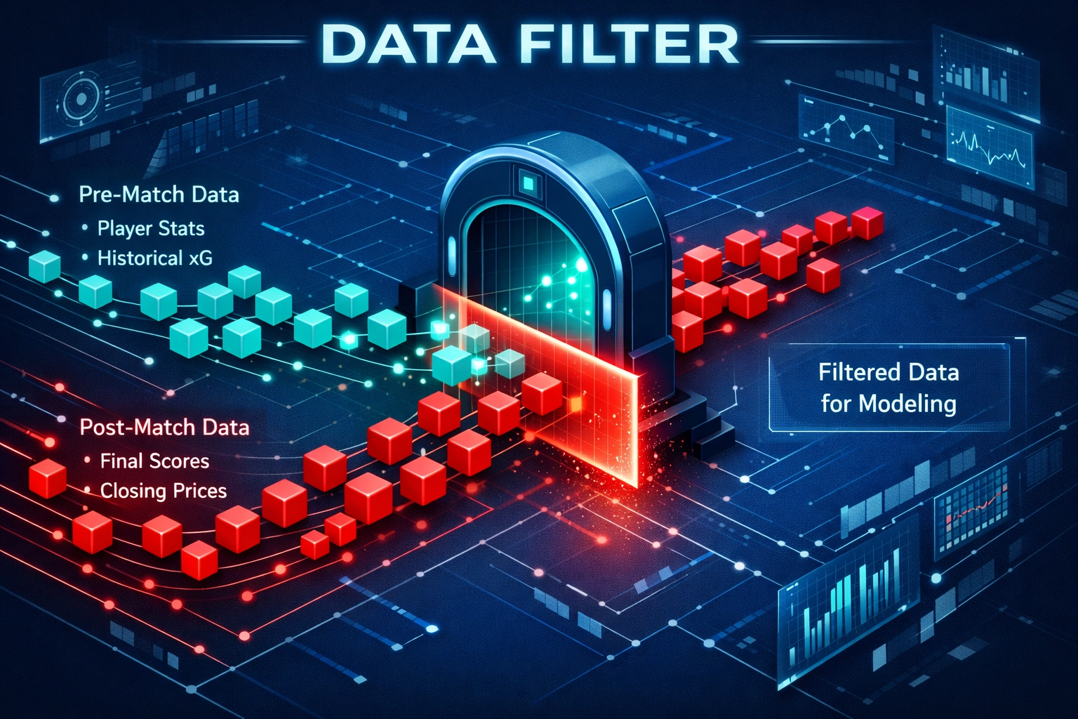 Illustration of a data filter separating pre-match metrics for predictive AI models.