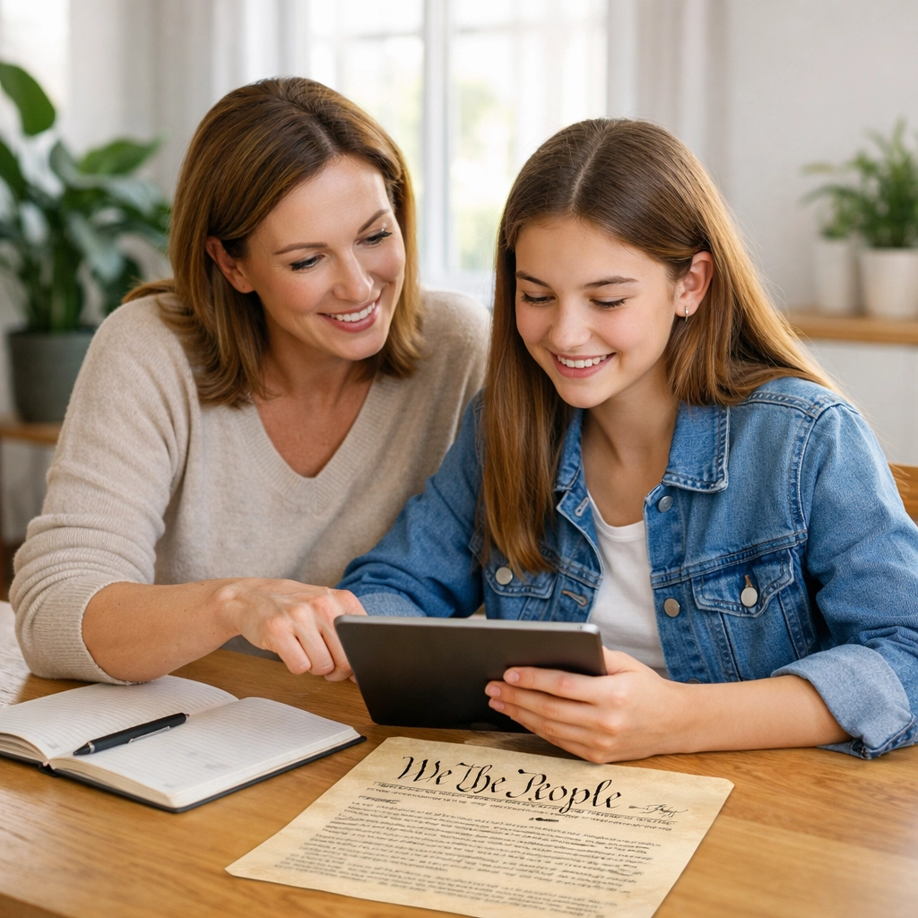 Mother and daughter studying historical documents at home to learn about civic education and American unity.
