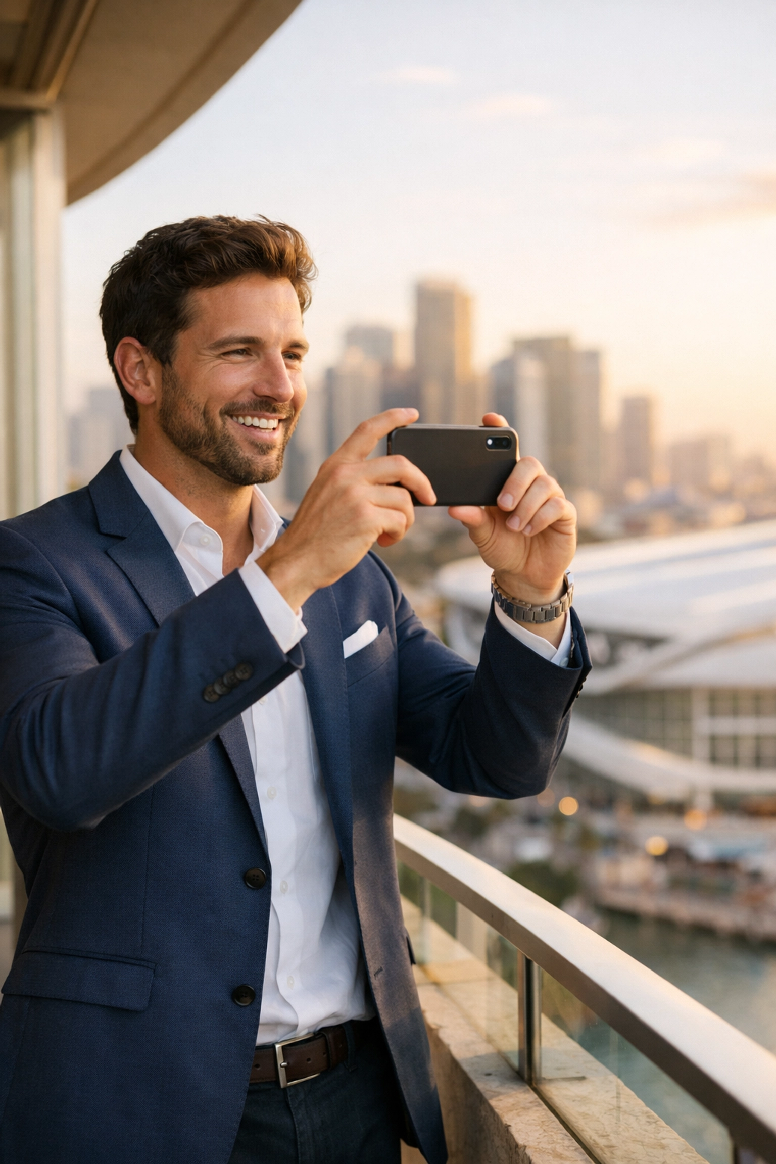 Brand ambassador on a luxury hotel balcony representing corporate sports marketing at a major event.
