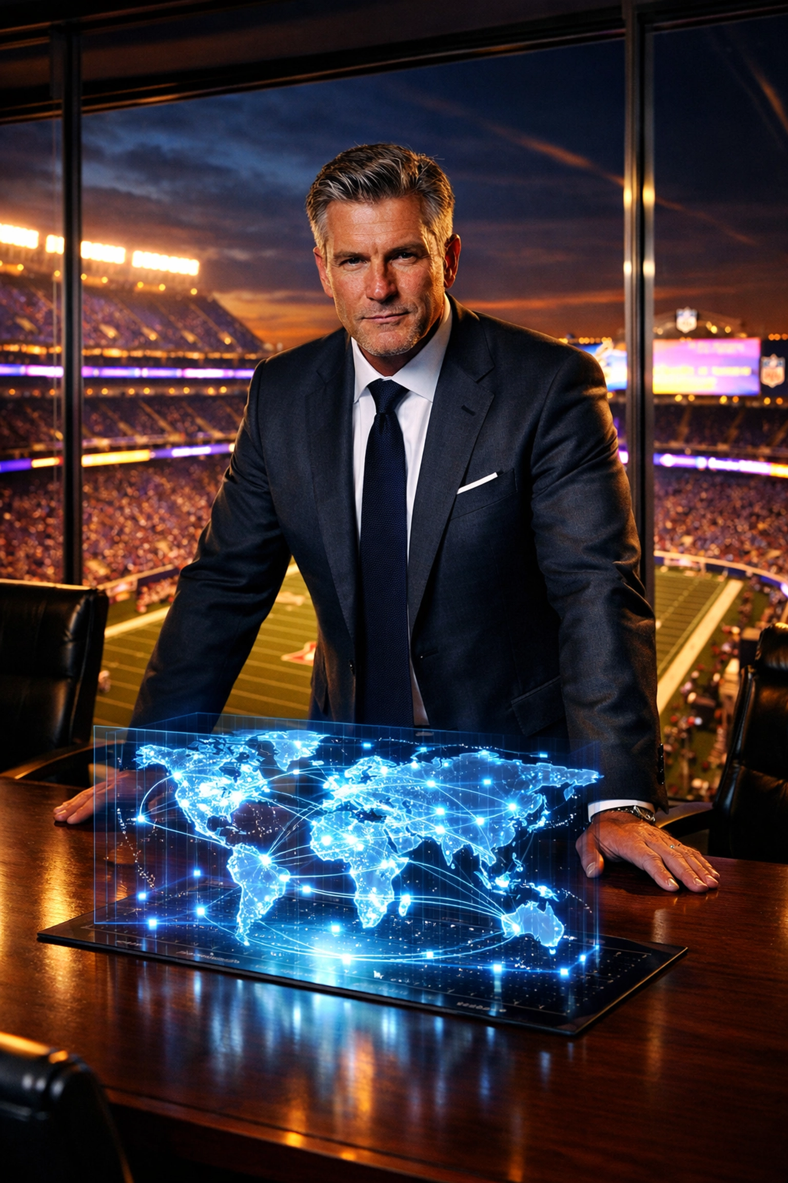Confident sports marketing executive overlooking an NFL stadium with a digital network map.