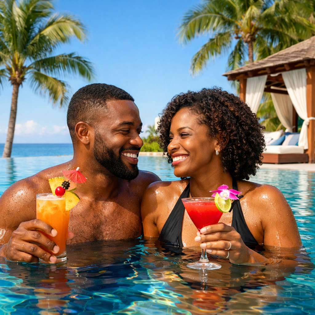 Couple enjoying adults-only resort infinity pool with tropical cocktails