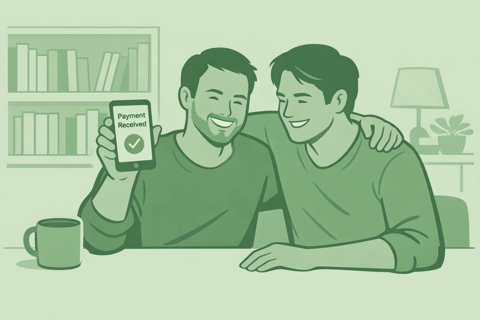 MM romance writing partners celebrating daily author payment deposit in cozy home library