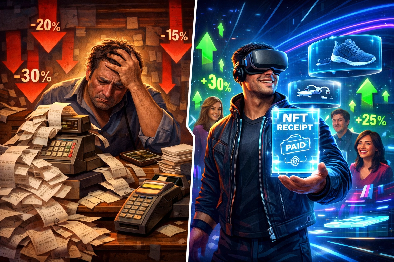 Traditional checkout system versus metaverse VR shopping with NFT receipts and fee savings