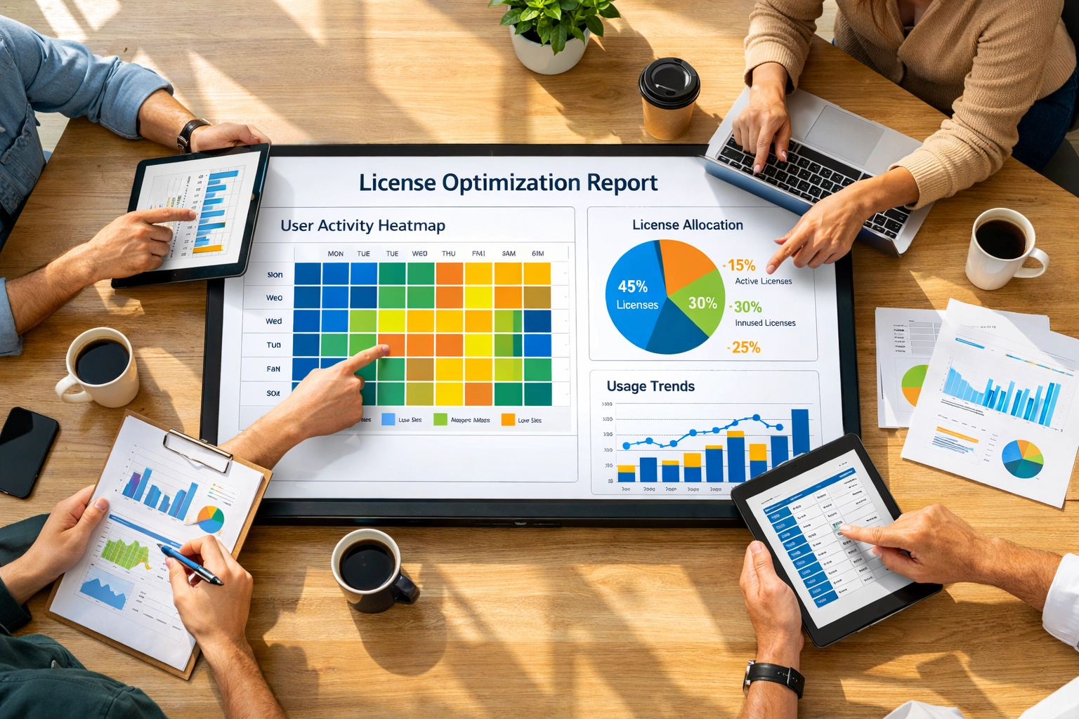 IT team analyzing ServiceNow license optimization and ITAM efficiency dashboard with usage metrics