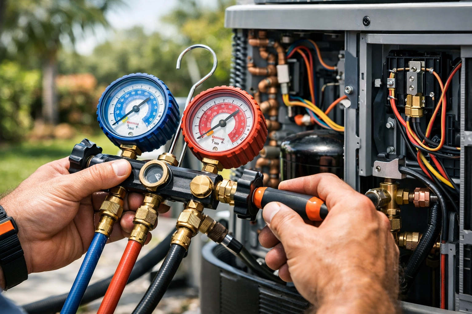 Expert AC repair Florida technician using pressure gauges to diagnose an outdoor cooling unit system.