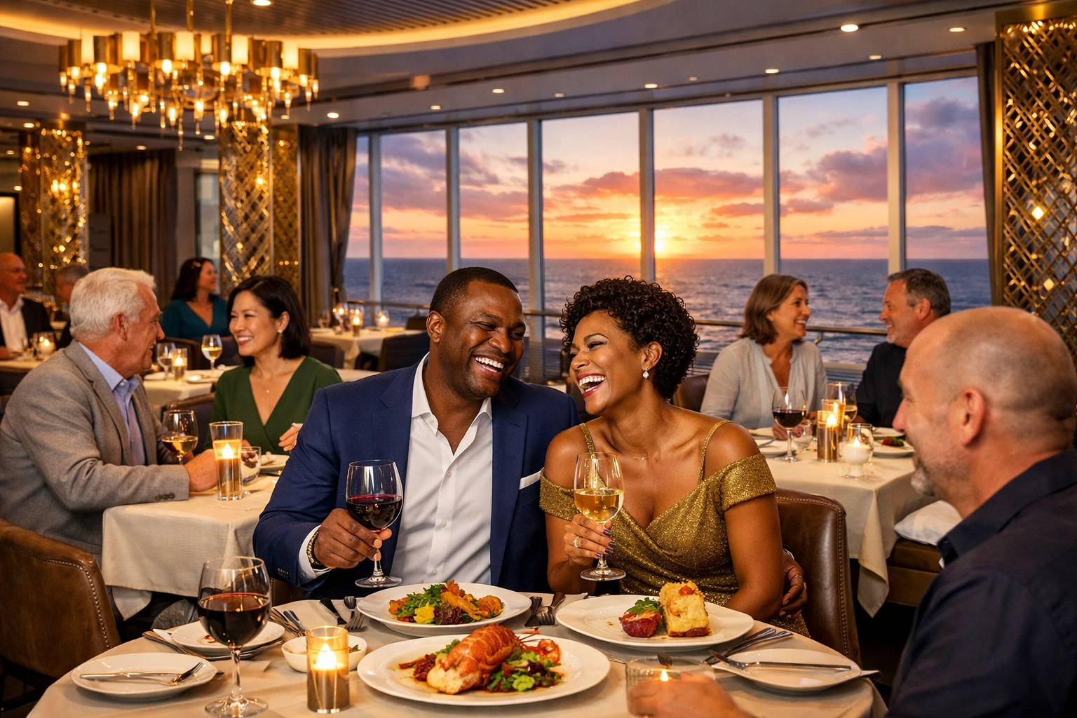 Fine dining on a cruise ship at sunset, an experience tailored by a Lifestyle Cruises travel agent.