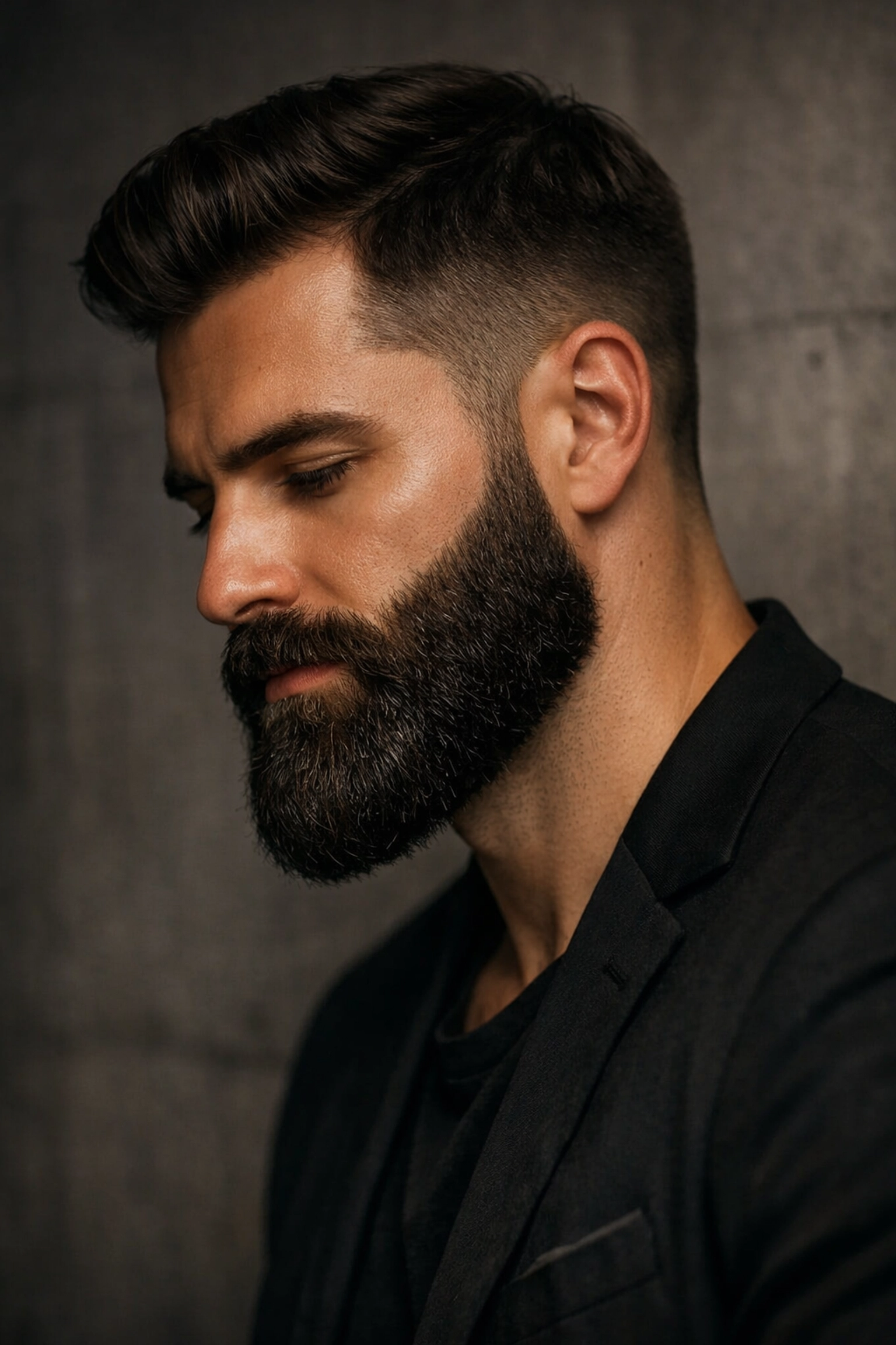 Profile of a man with a soft, healthy beard groomed using high-quality beard butter and oils.