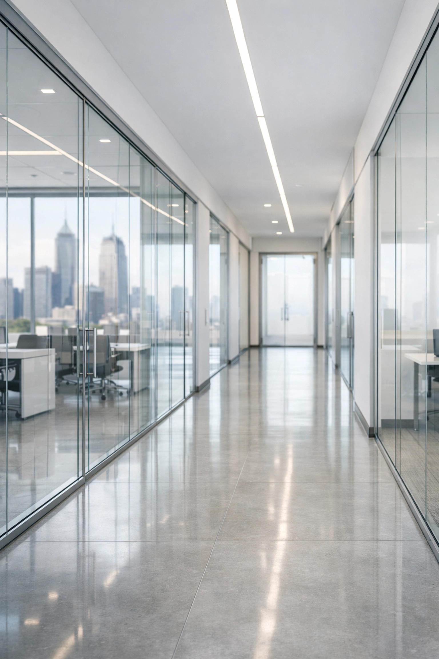 Pristine commercial office corridor in Detroit reflecting reliable professional property management services.