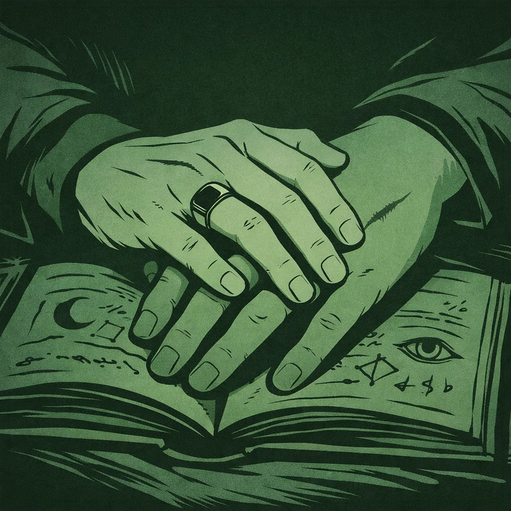 Two men's hands intertwined over dark book - MM romance literary thriller illustration