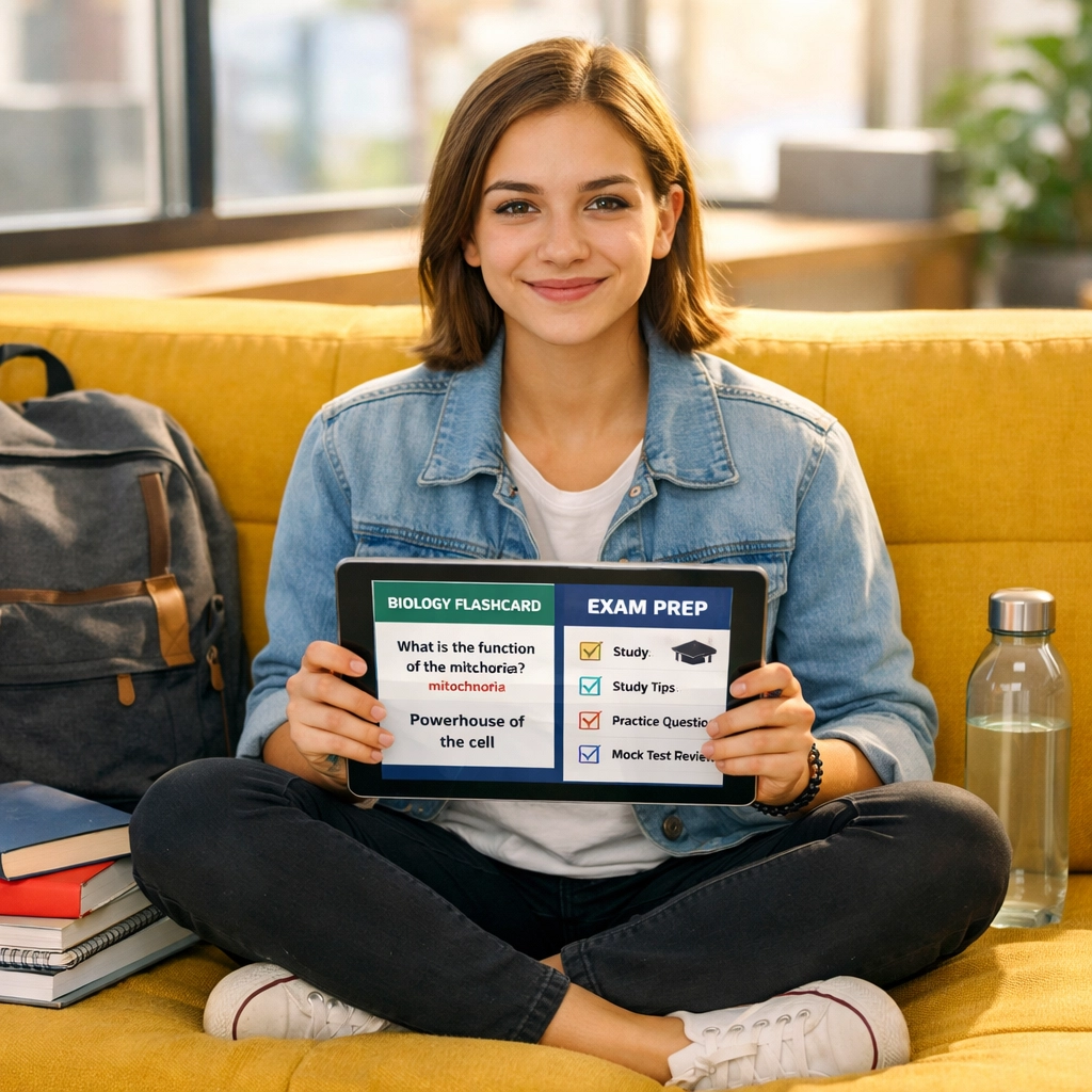 Student preparing for CLEP exam with digital study materials and test prep resources (1x1, center safe zone)