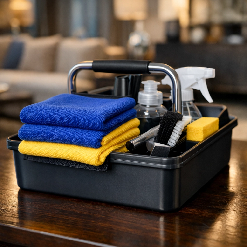 Professional cleaners MA tools including microfiber cloths for residential cleaning services.