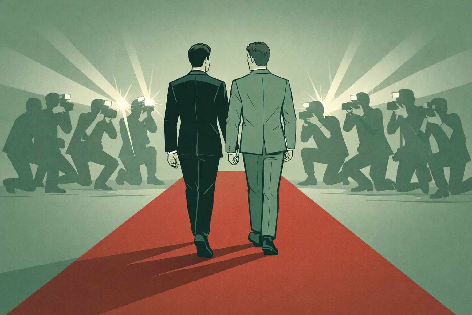 Two men walking red carpet together at premiere event with photographers capturing moment