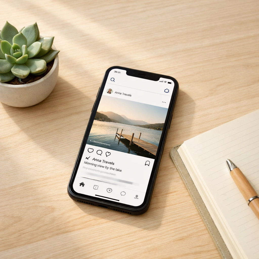 Smartphone displaying church social media feed on wooden table with journal and plant