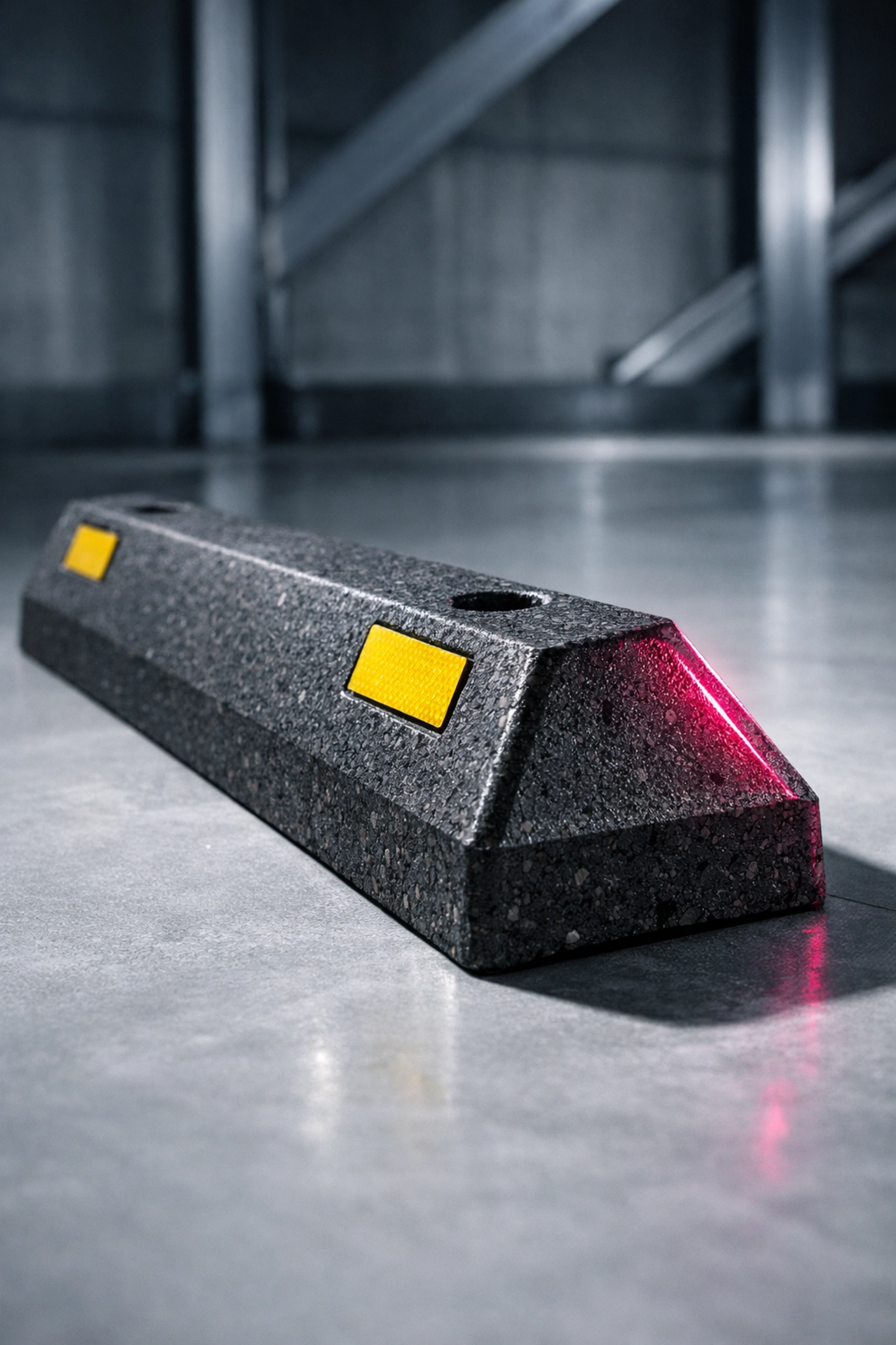 Durable charcoal-grey recycled plastic wheel stop designed for heavy-duty industrial and mining site infrastructure.