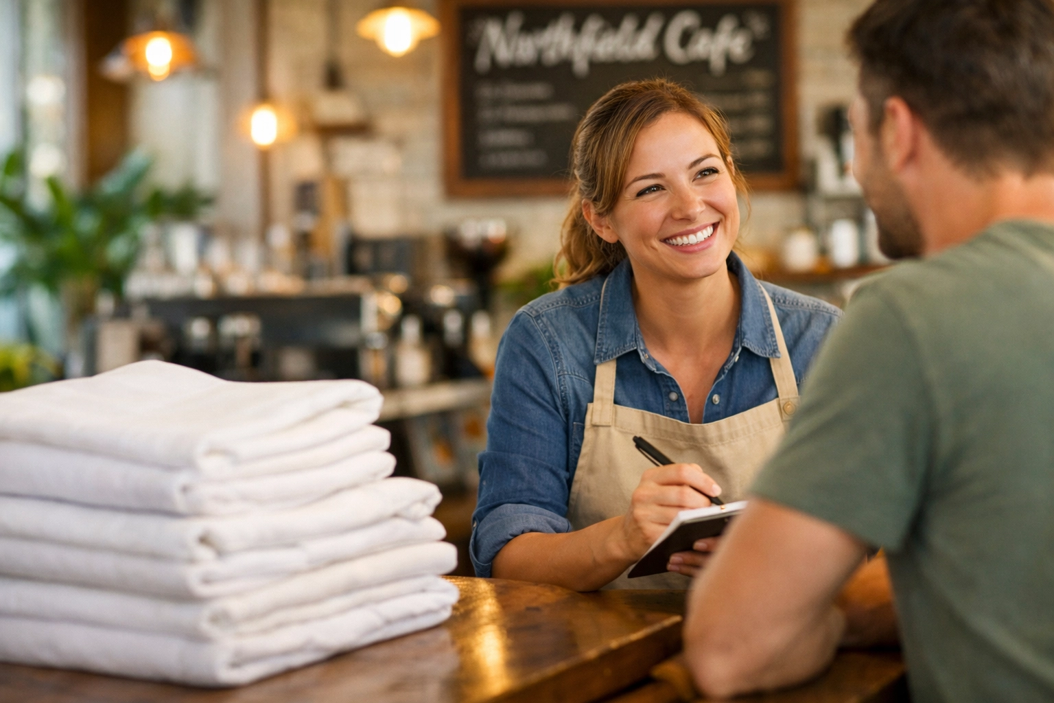 Northfield cafe employee focusing on customer service with fresh folded linens nearby.