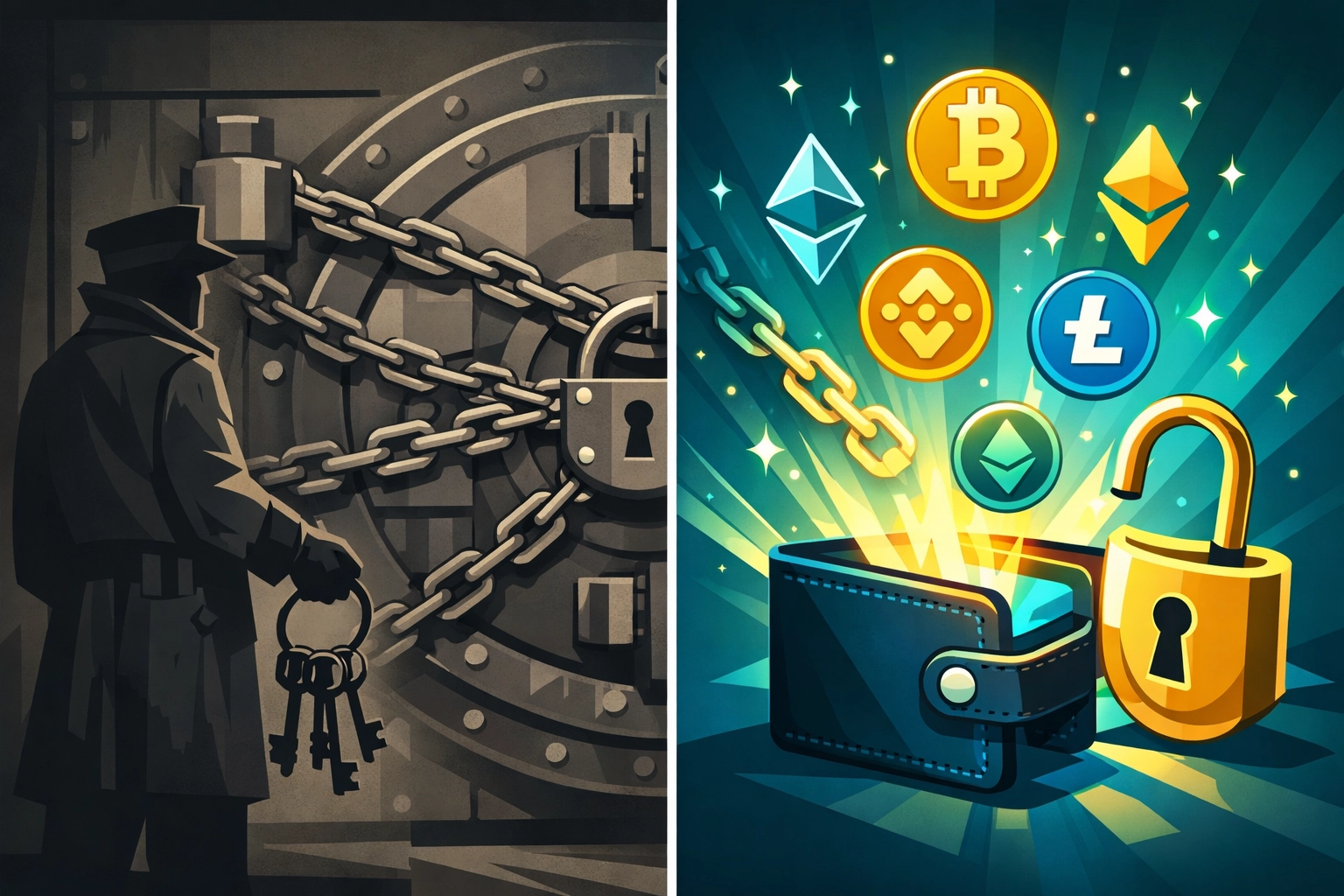 Custodial payment processor vs self-custody crypto wallet comparison showing fee differences