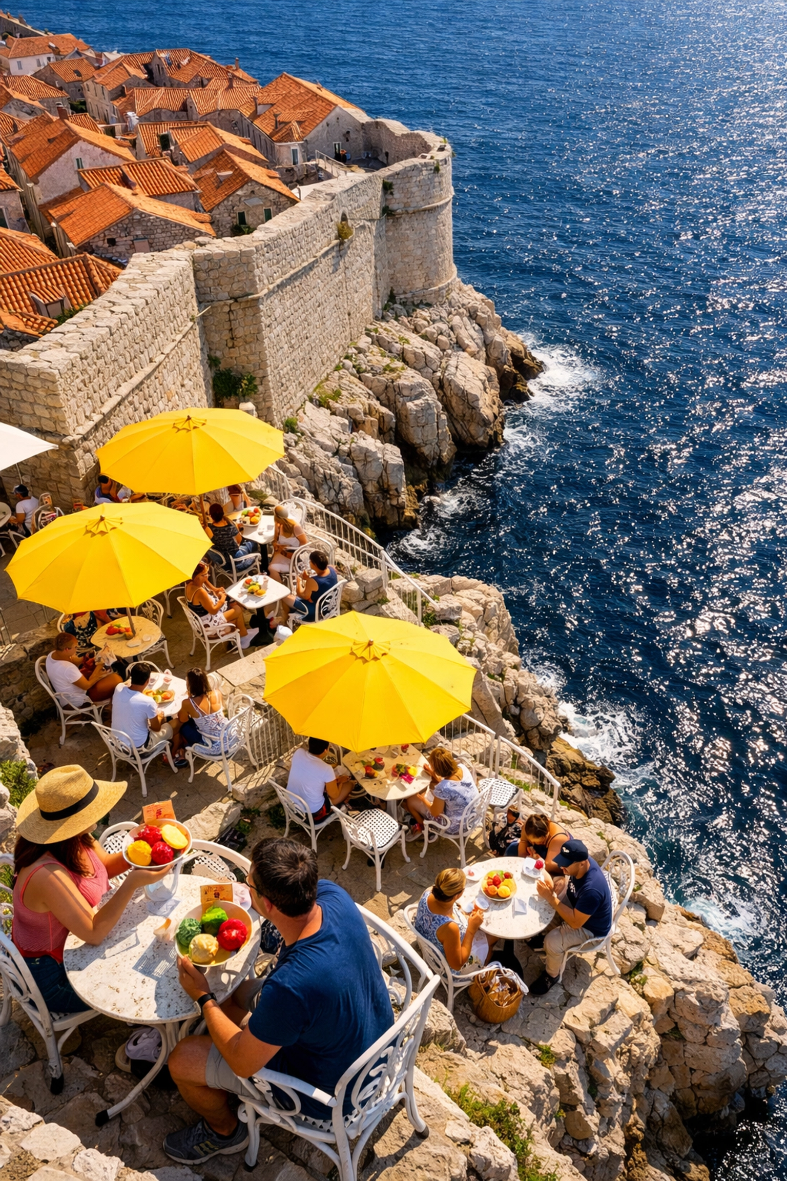 A scenic cliffside cafe in Dubrovnik, Croatia overlooking the Adriatic Sea, a top 2026 cruise destination.