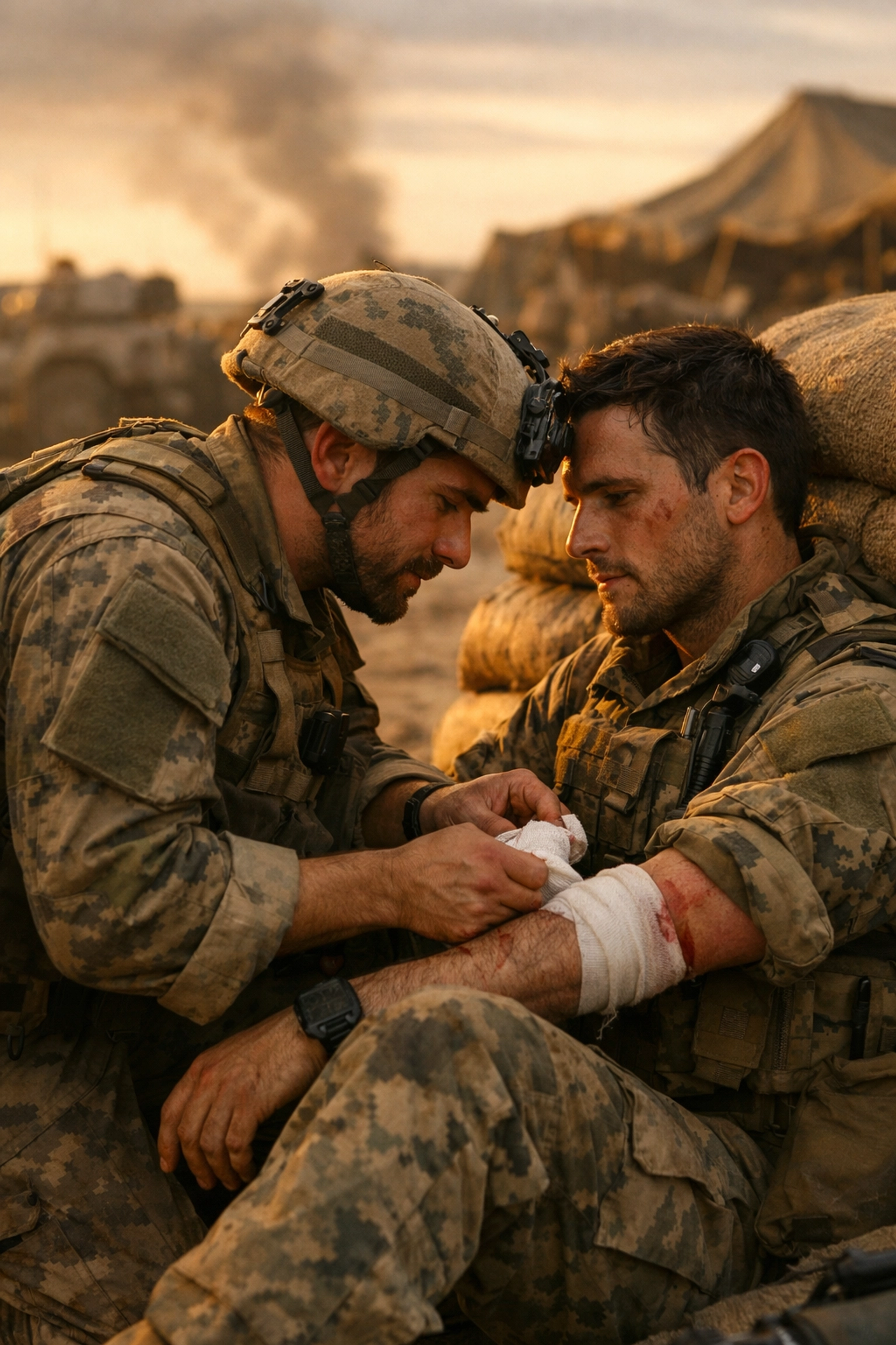 Male military medic tending to wounded soldier in intimate battlefield moment - MM romance