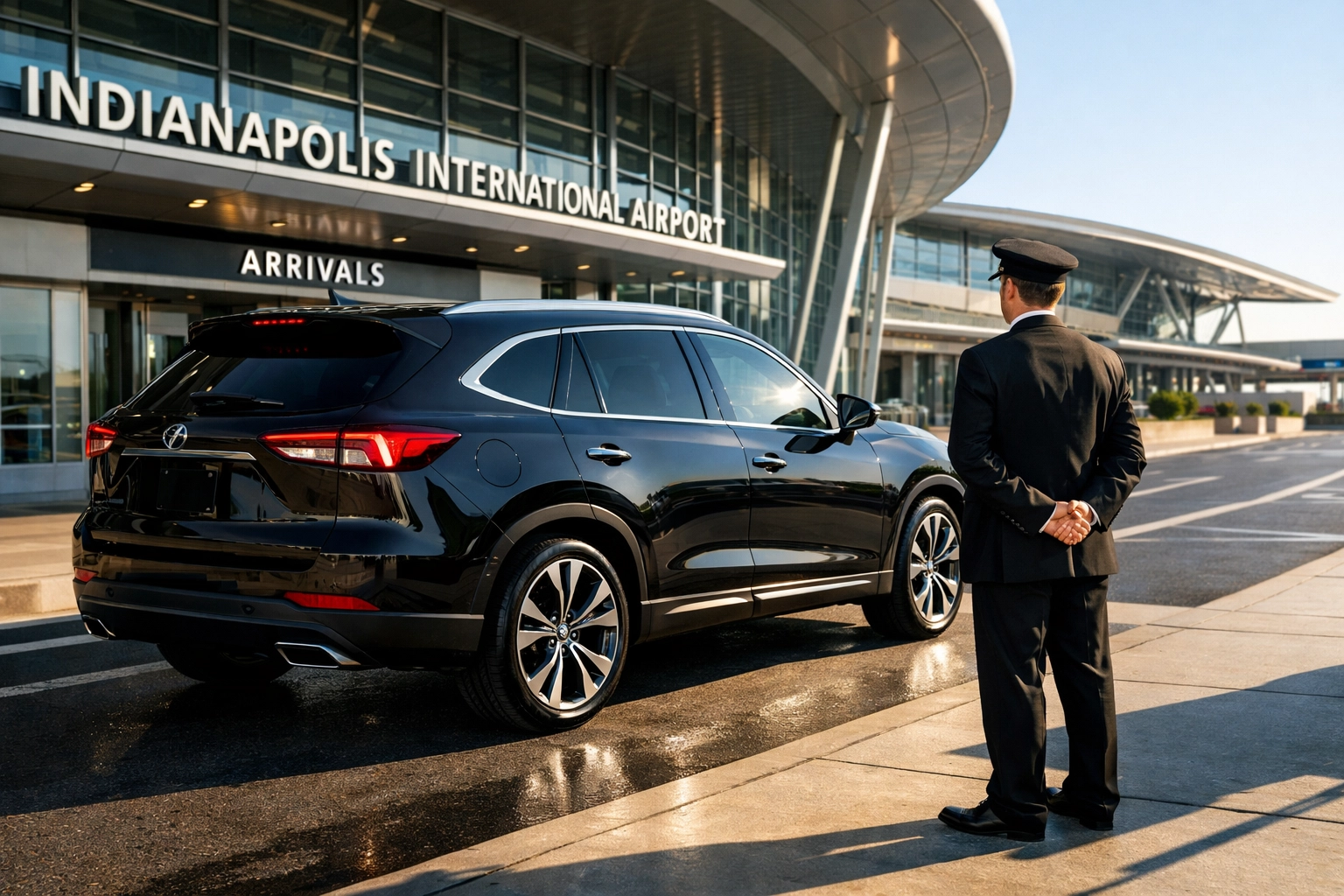 Chauffeur driven luxury SUV waiting at an Indianapolis airport terminal for an executive pickup.